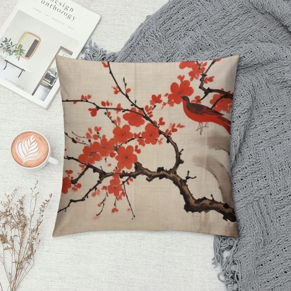 Wuche  Ink Oil Traditional Chinese Painting Throw Pillow Covers Red Plum Flowers Decorative Cherry Blossom Floral  Cushion Case Sofa Cushion Cover Lumbar  White