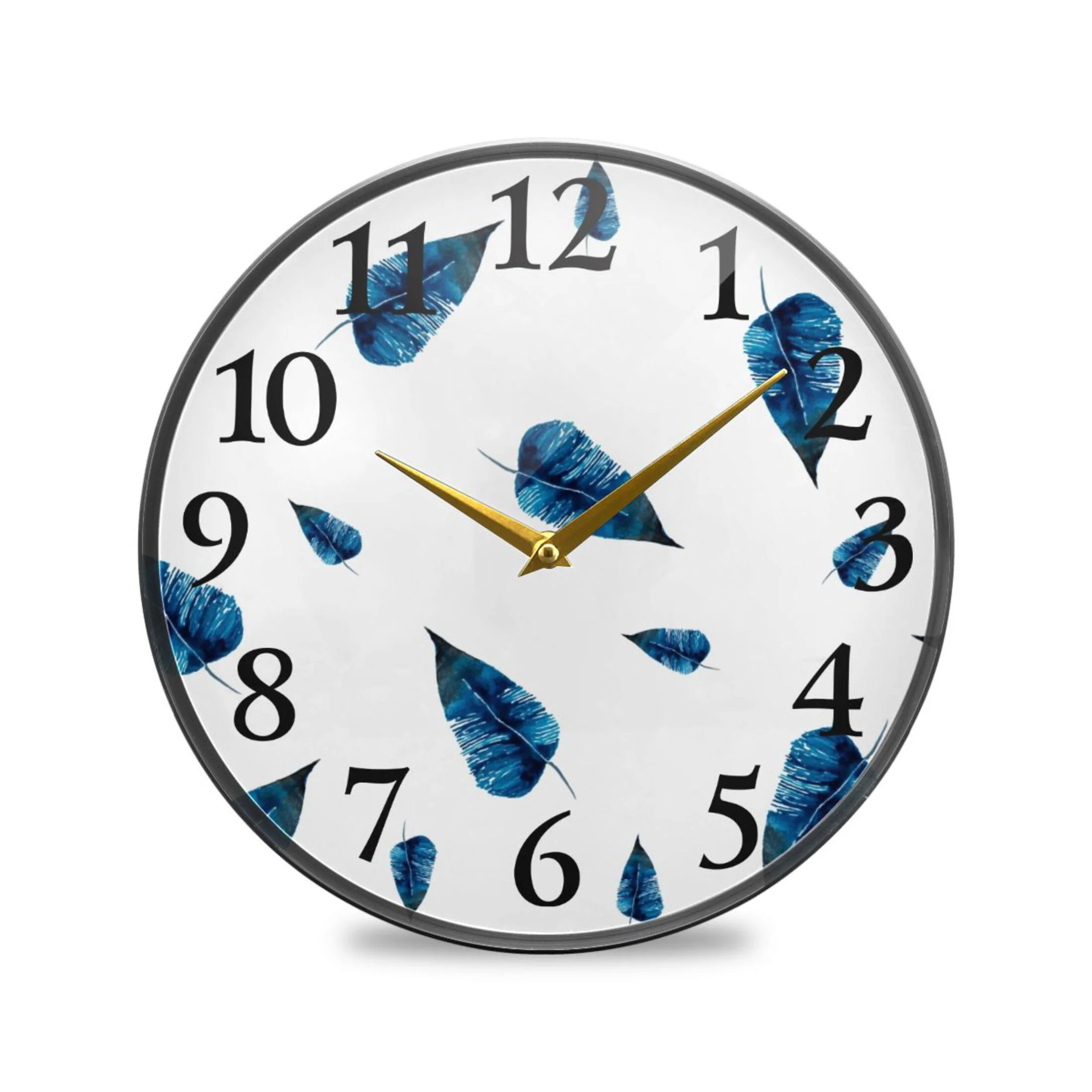 Watercolor Feathers Blue Wall Clocks Battery Operated 11.9 Inch Round Clock Acrylic Silent Non-Ticking Bedroom Living Room Decorative Clocks
