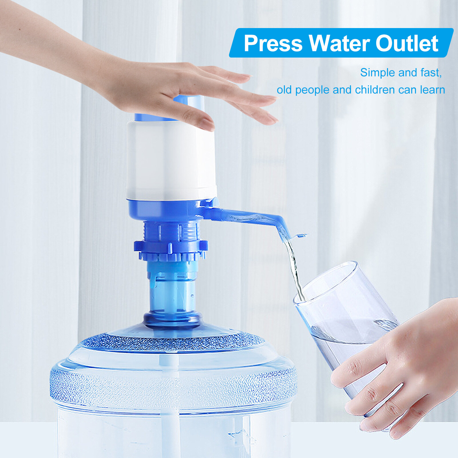 Water Bottles Pump Manual Hand Pressure Drinking Fountain Pressure Pump Water Press Pump with Water Stop Valve (Blue and White)