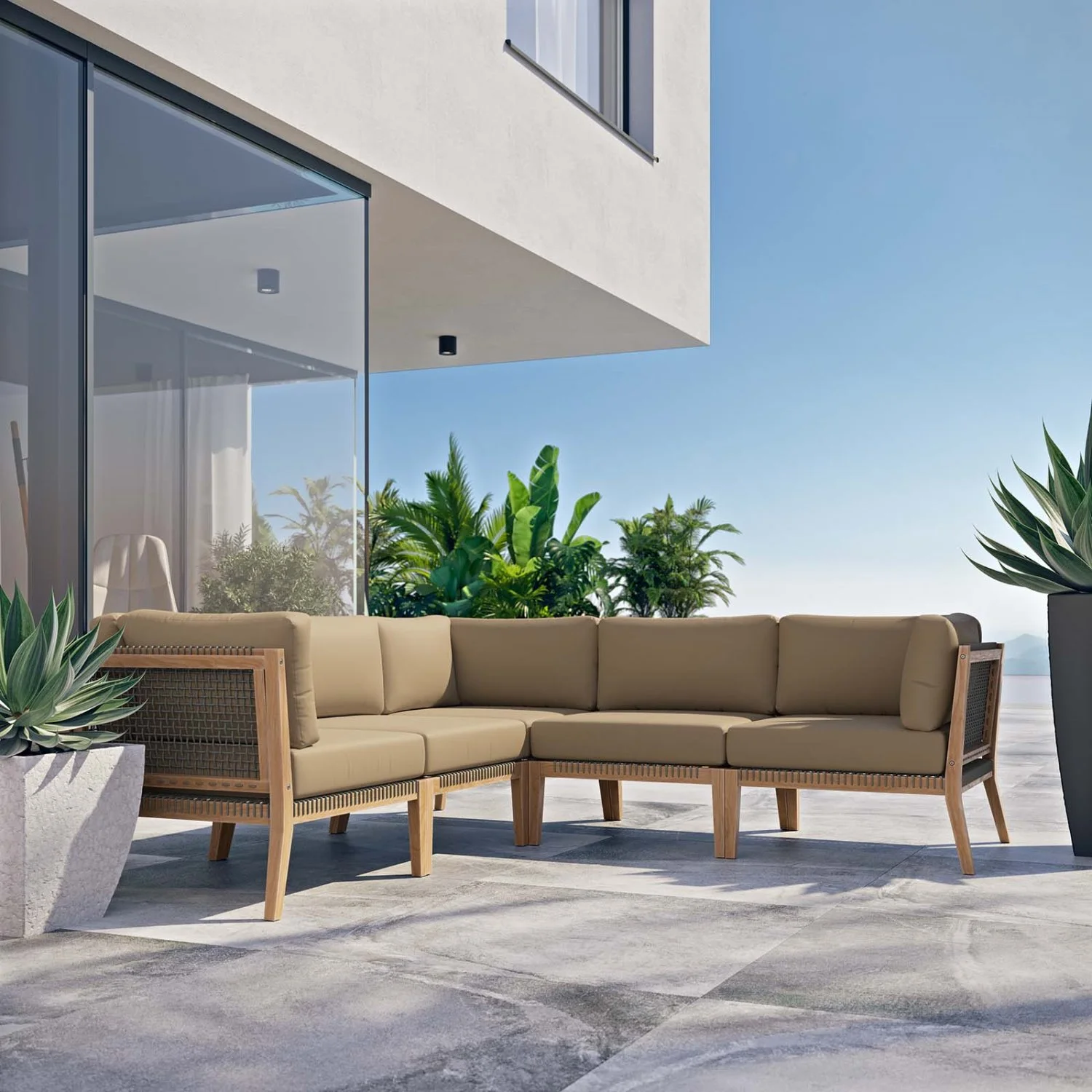 Lounge Sectional Sofa Set, Brown Natural, Teak Wood, Outdoor Patio Balcony Cafe Bistro Garden Hospitality Restaurant, Modern Contemporary HB34461