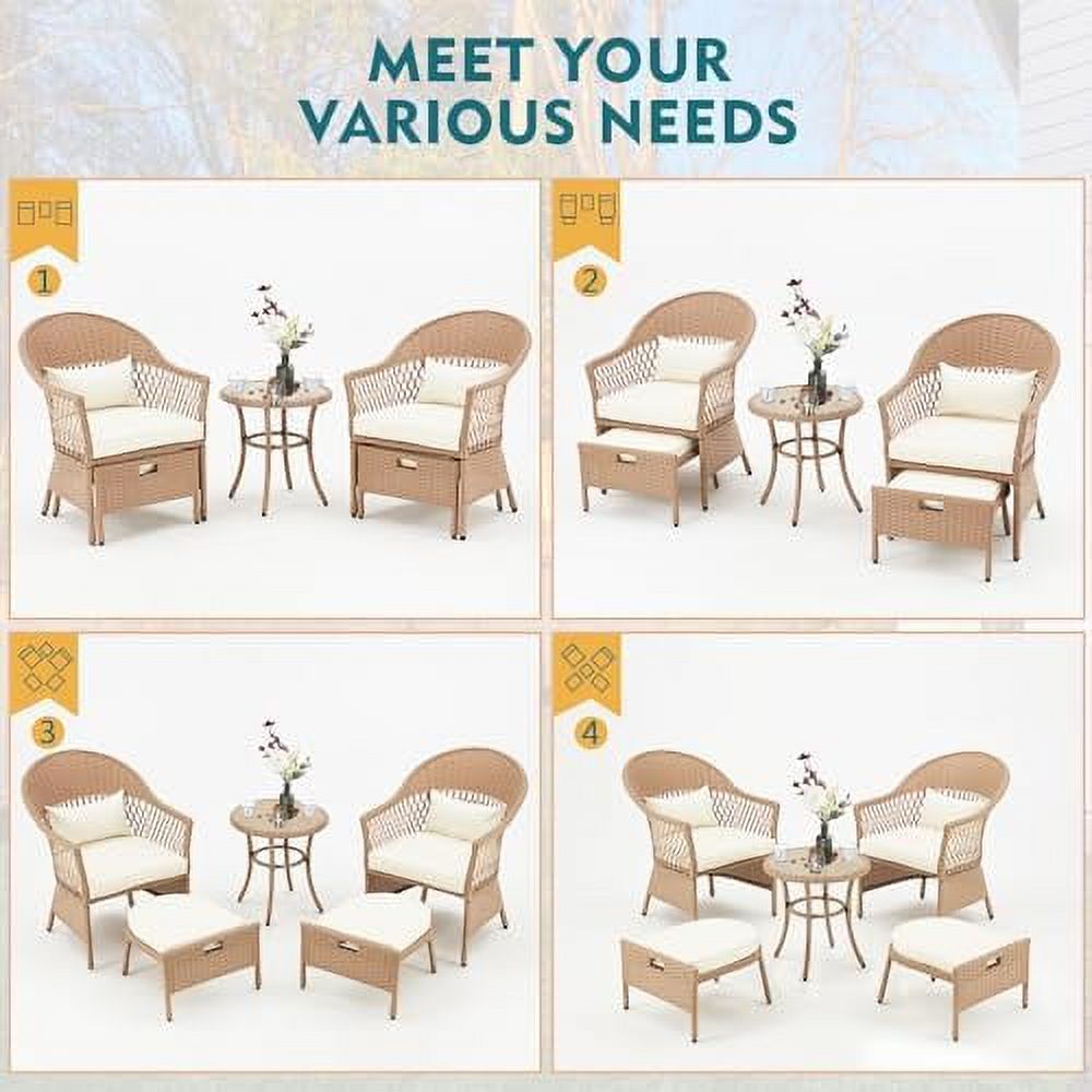 AYFDEGT 5 Pieces Patio  Set  Outdoor Rattan Chairs with Tempered Glass Coffee Table  Ottomans & Soft Cushions  Wicker Conversation  for Garden  Deck  Balcony  Poolside(Khaki)
