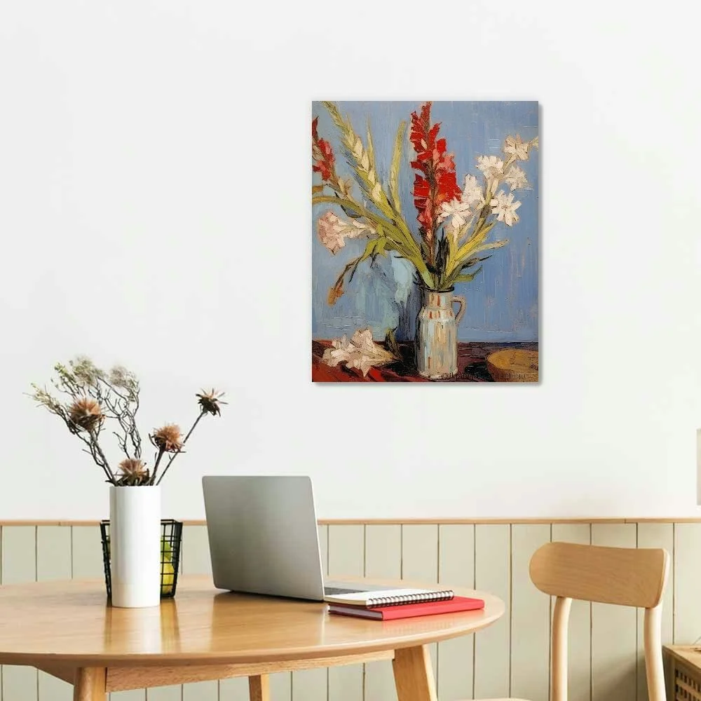 Creowell  Vase with Gladioli and China Asters Famous Oil Paintings Reproduction Modern Floral Canvas Prints Artwork Abstract Flowers Pictures Home Decor 16x20 in/12x16 in