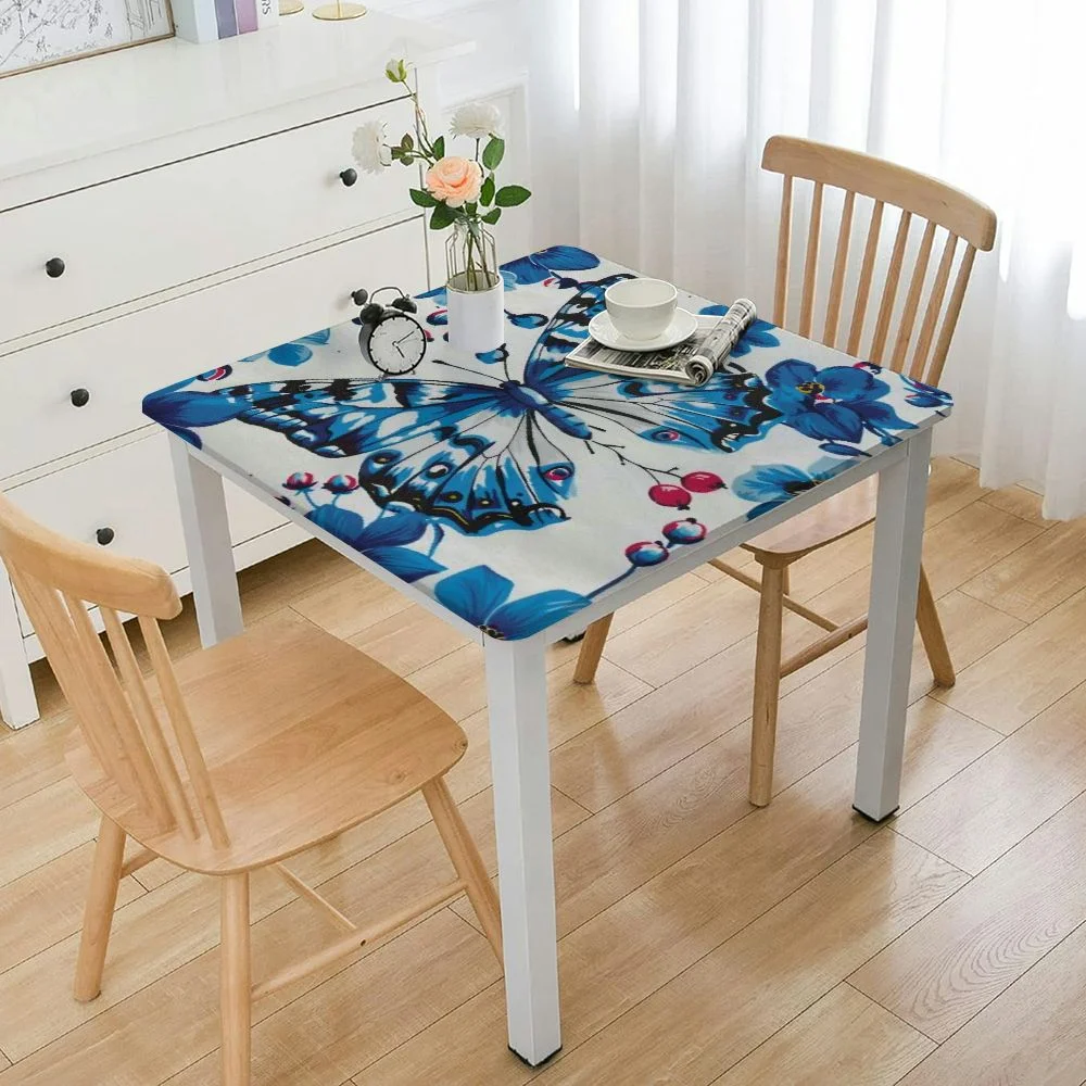 PIKWEEK Waterproof Blue Butterfly Flower Decor Butterfly Lover Square Tablecloth white