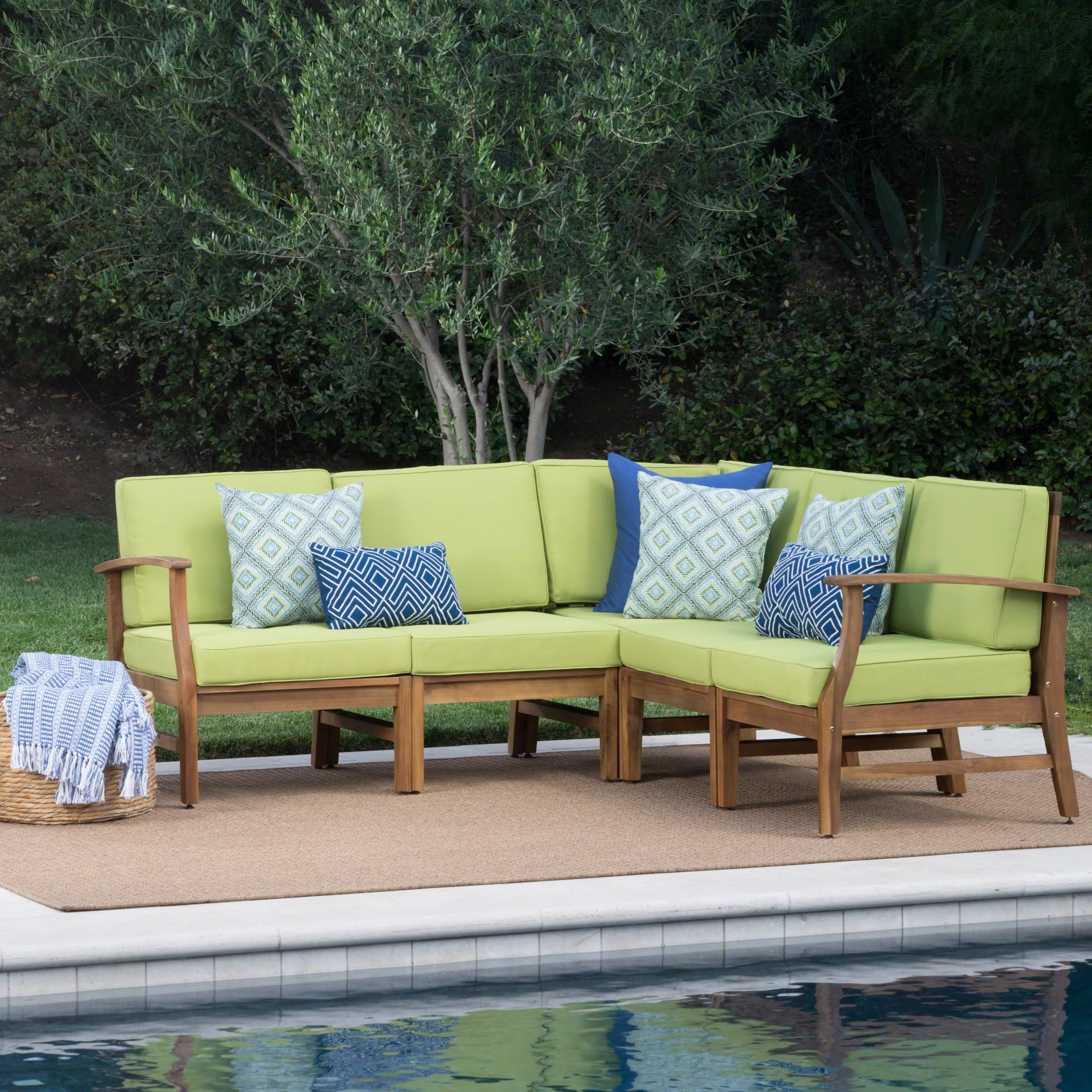 Bodhi Outdoor 5 Piece Sectional with Cushions, Teak, Green