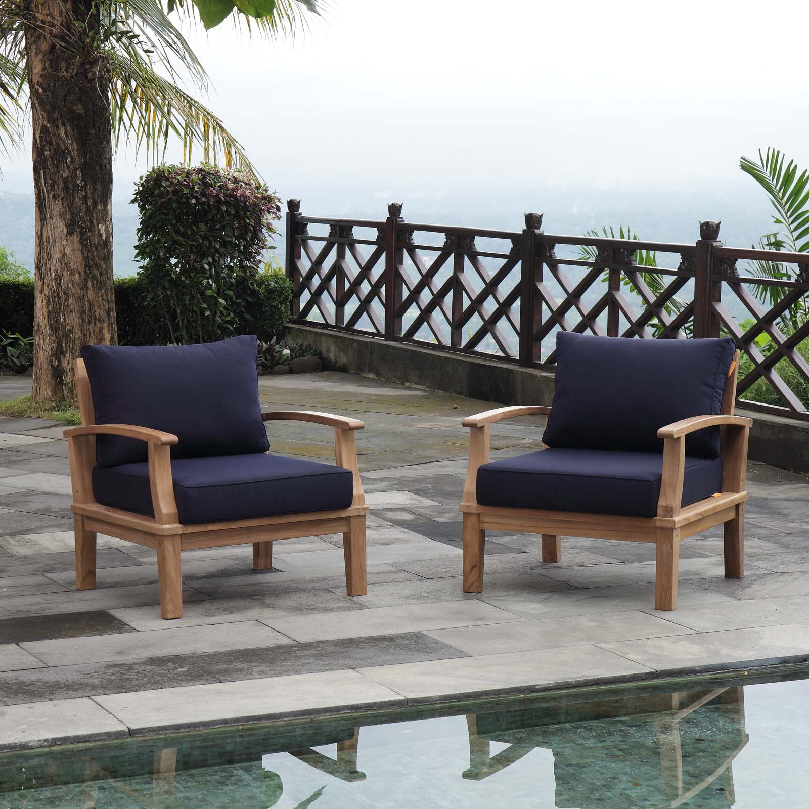 Modway Marina 2 Piece Outdoor Patio Teak Set in Natural Navy