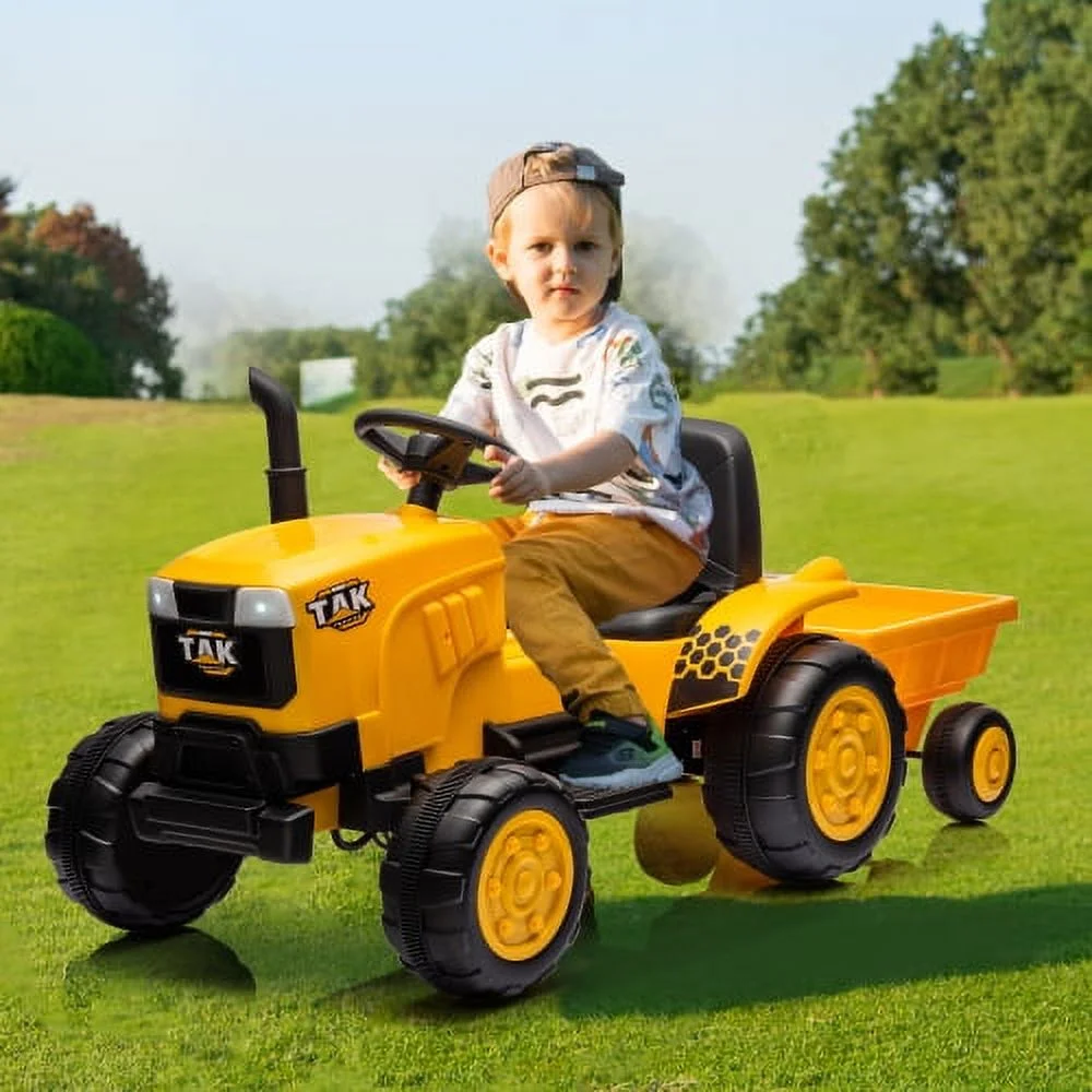 12V Kids Ride on Tractor Electric Excavator Battery Powered Motorized Car for Kids Ages 3-6, with , Detachable Trailer, Remote Control, & Bright Headlight, Yellow