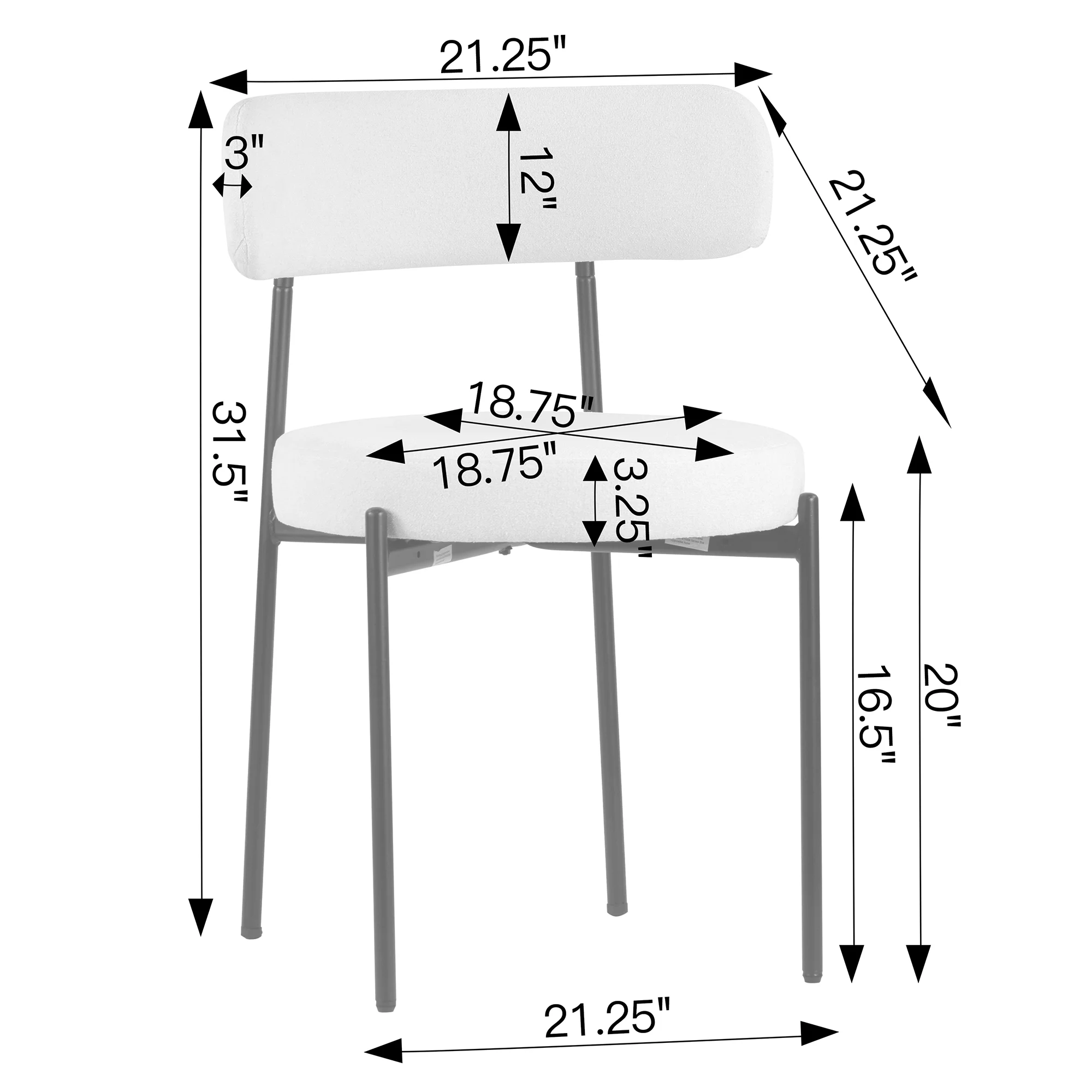 Set of 2 Avrom White Boucle Fabric Dining Chair with Black Metal Iron Legs