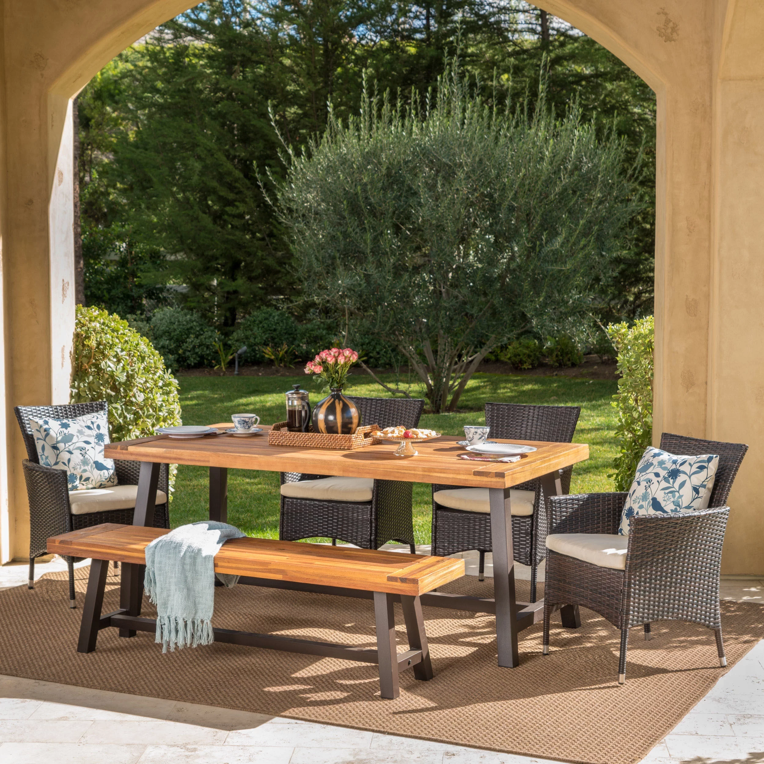 GDF Studio Preston Outdoor Acacia Wood and Wicker 6 Piece Dining Set, Sandblasted Teak and Multibrown