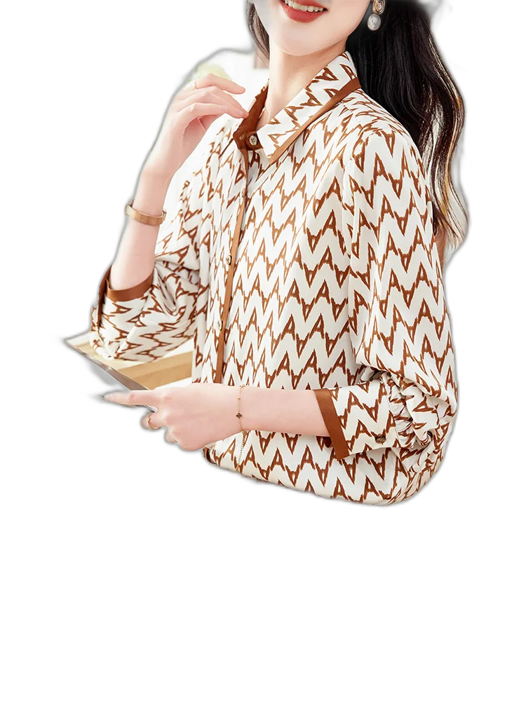 Spring And Summer New Silk Silk Temperament Is Thin, Elegant Long Sleeve Real Silk Simple Top, Lady Shirt A Letter 2Xl