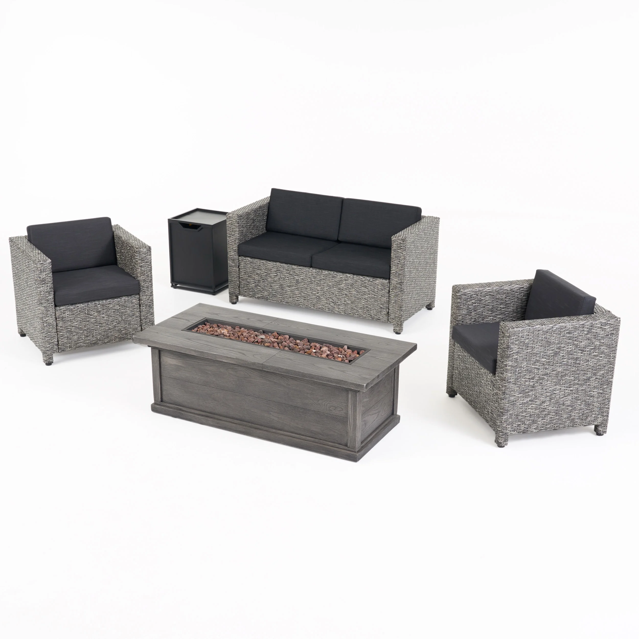 Samatar Outdoor 4 Seater Wicker Chat Set with Fire Pit, Mix Black and Dark Gray