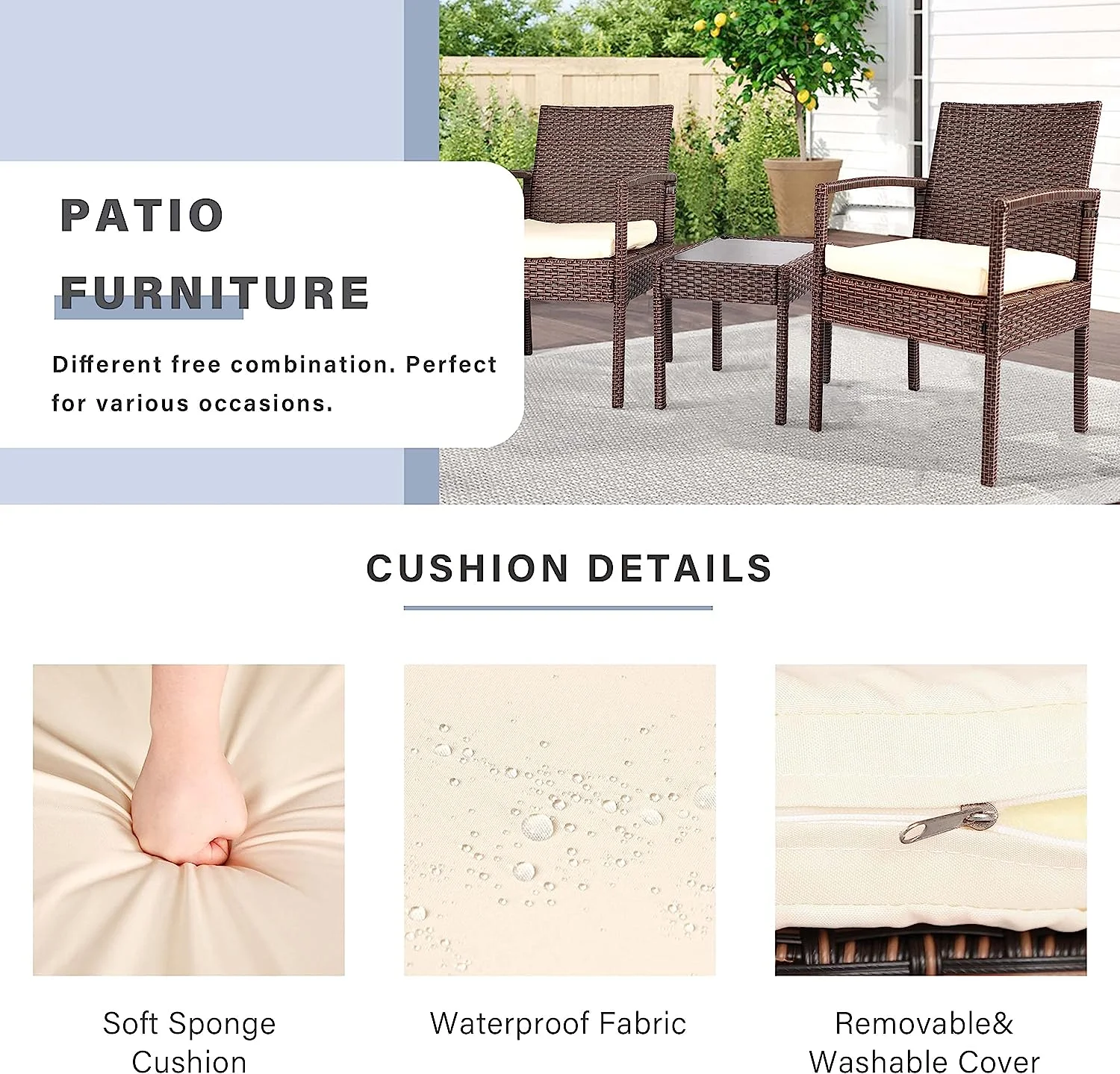 ZFGSUIJN TUIONMJ 3 Piece Outdoor Patio TUIONMJ Sets  Patio TUIONMJ Set 3 Piece  Porch Deck TUIONMJ  Wicker Patio Chairs  Rattan Wicker TUIONMJ  Blue