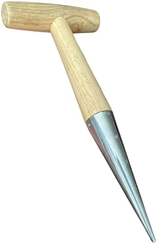 Garden Guru Steel Dibber Planter Tool for Planting Seeds & Bulbs - High Carbon Steel & Comfortable Wood Carved Handle - for Consistent Planting Flowers Tulips, Daffodils, Dahlias
