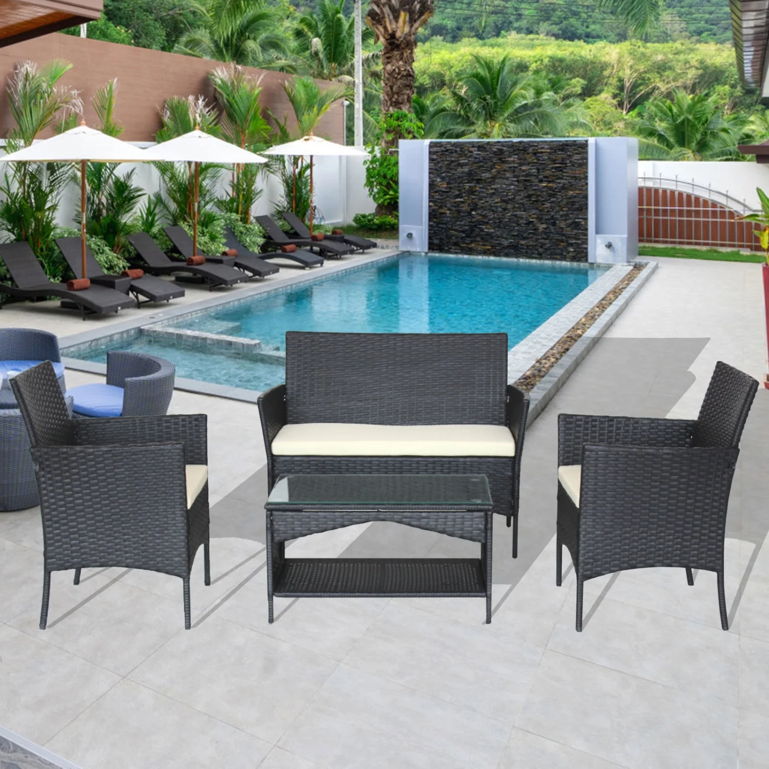 Elegant and Stylish 4 Piece White Cushioned Garden Patio Furniture Set - Includes Loveseat  2 Armchairs  and Coffee Table - Perfect for Outdoor Relaxation and Entertaining