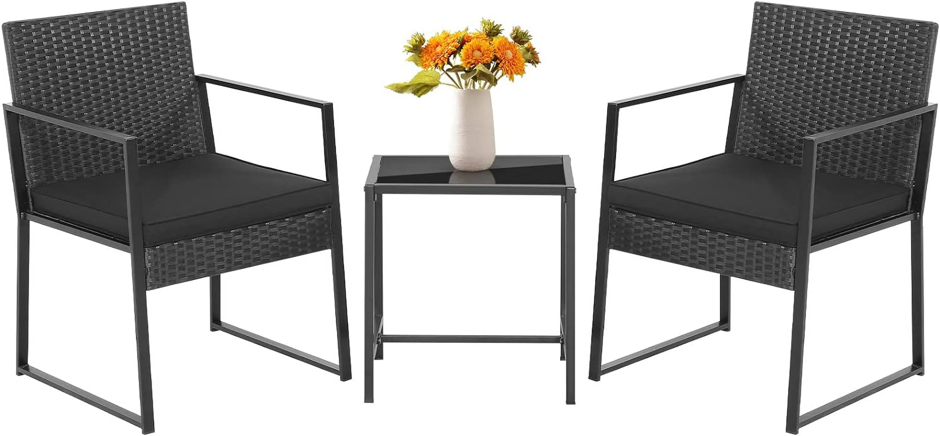 Dina 3pcs Patio Furniture Set Heavy Duty Cushioned Wicker Rattan Chairs Table Outdoor Black