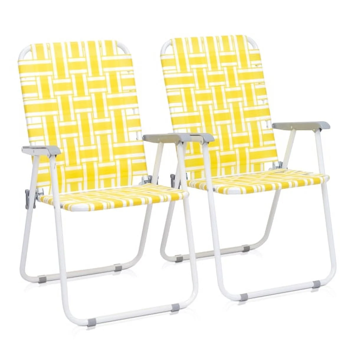 ZYJSQ Beach Lawn Chair Webbing Patio Chairs with Gray Arm 260 lb Load Capacity, 2-Piece Outdoor Camping Chair Suitable for Garden Pool Park Beach (Yellow& White)