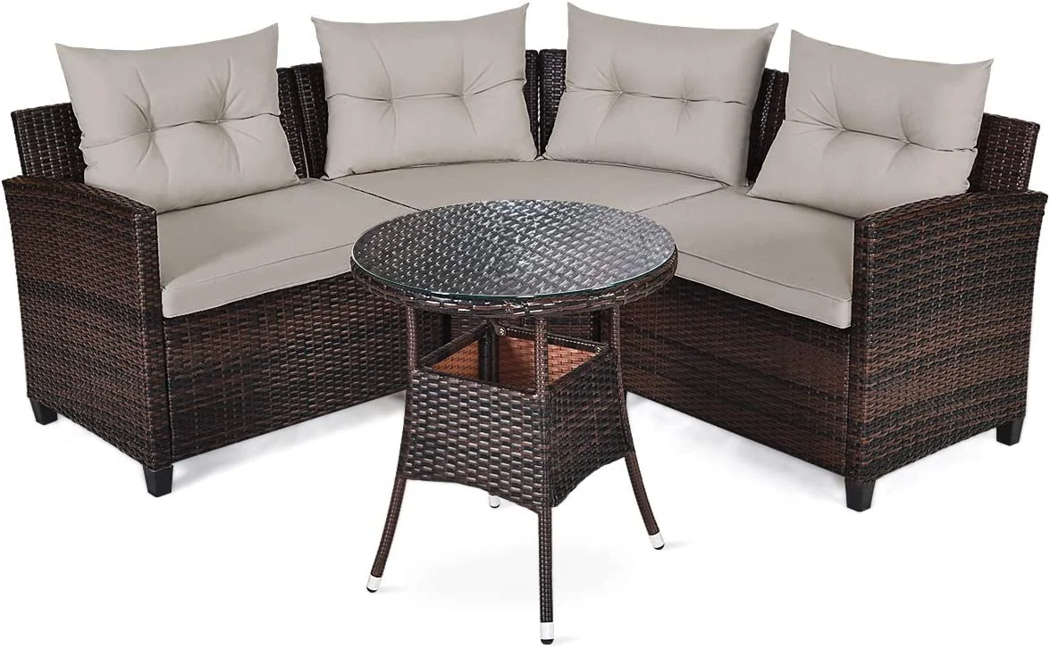 Dina 4PCS Patio Furniture Set Outdoor Rattan Wicker Conversation Set with Sofa Cushioned Sofas and Coffee Table  L-Shape Sectional Curved Sofa Set for Garden Poolside Balcony