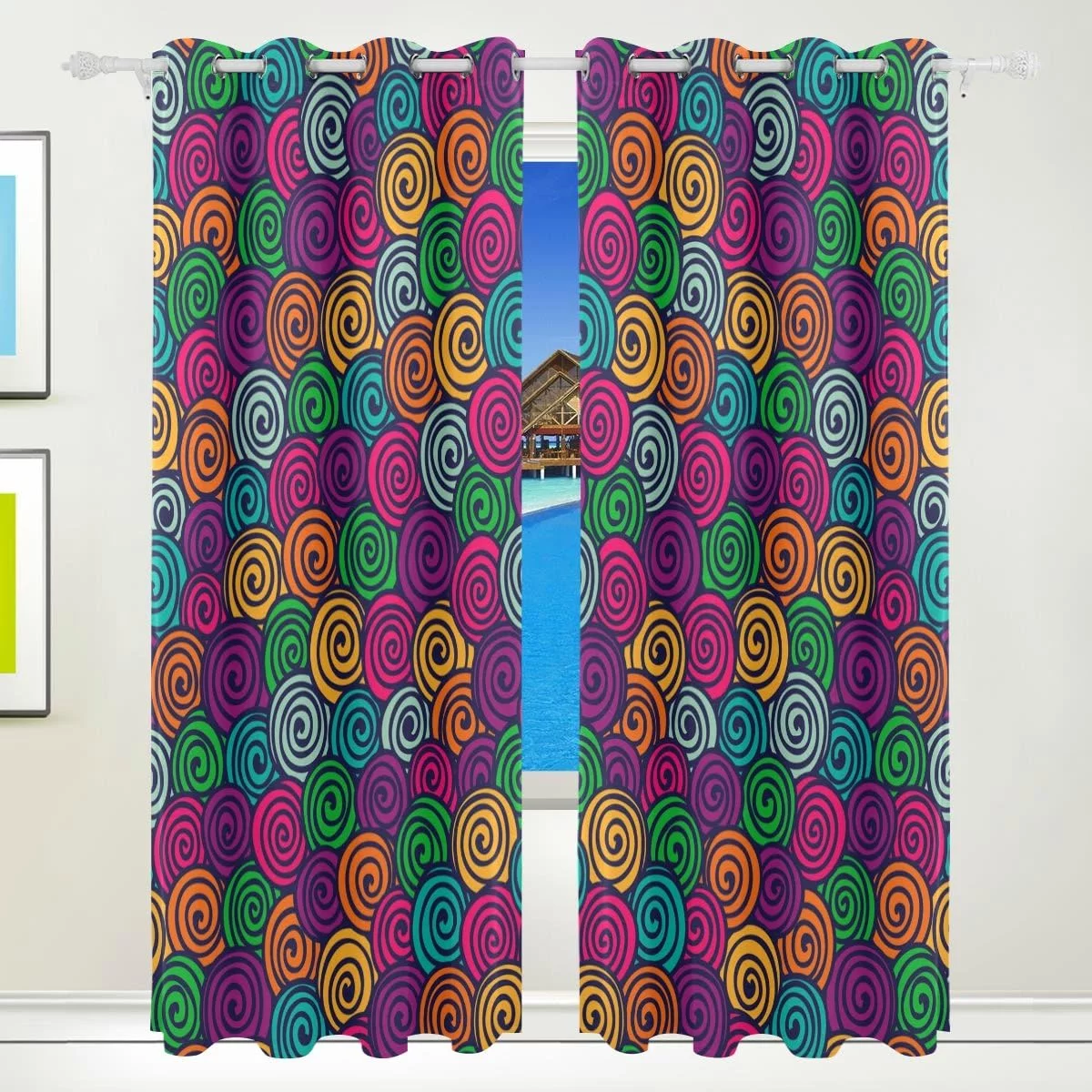 Coolnut Bright Color Spirals Thermal Insulated Blackout Grommet Printed Window Curtain, 84