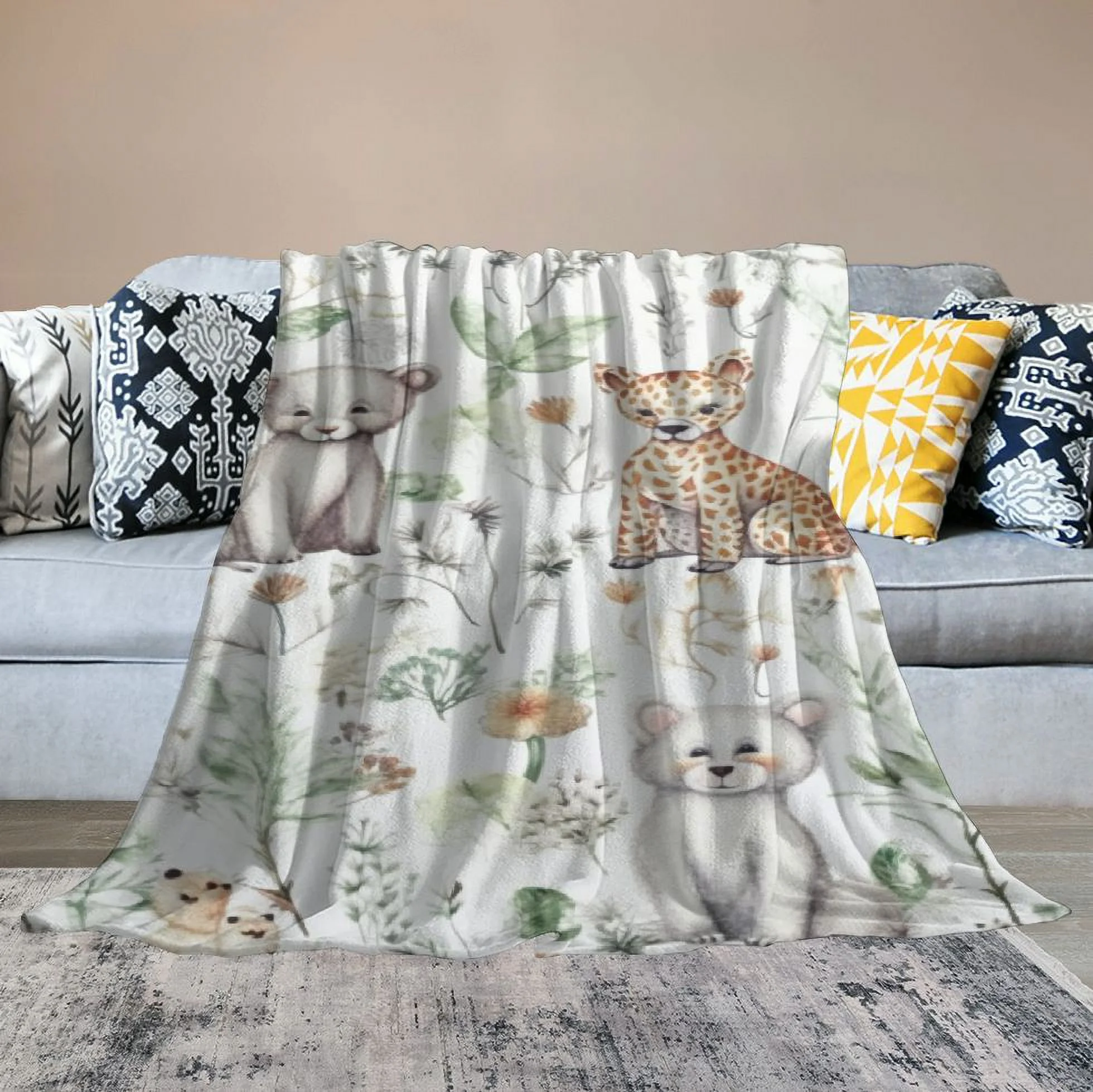 TIAOTIAOHOU  Toddler Girls African Safari Jungle Animals Blanket Gift, Nursery Giraffe Elephant Lion Zebra Cheetah Flannel Swaddling Cloth, Green Plant Soft Newborn Kid Crib Bedding White