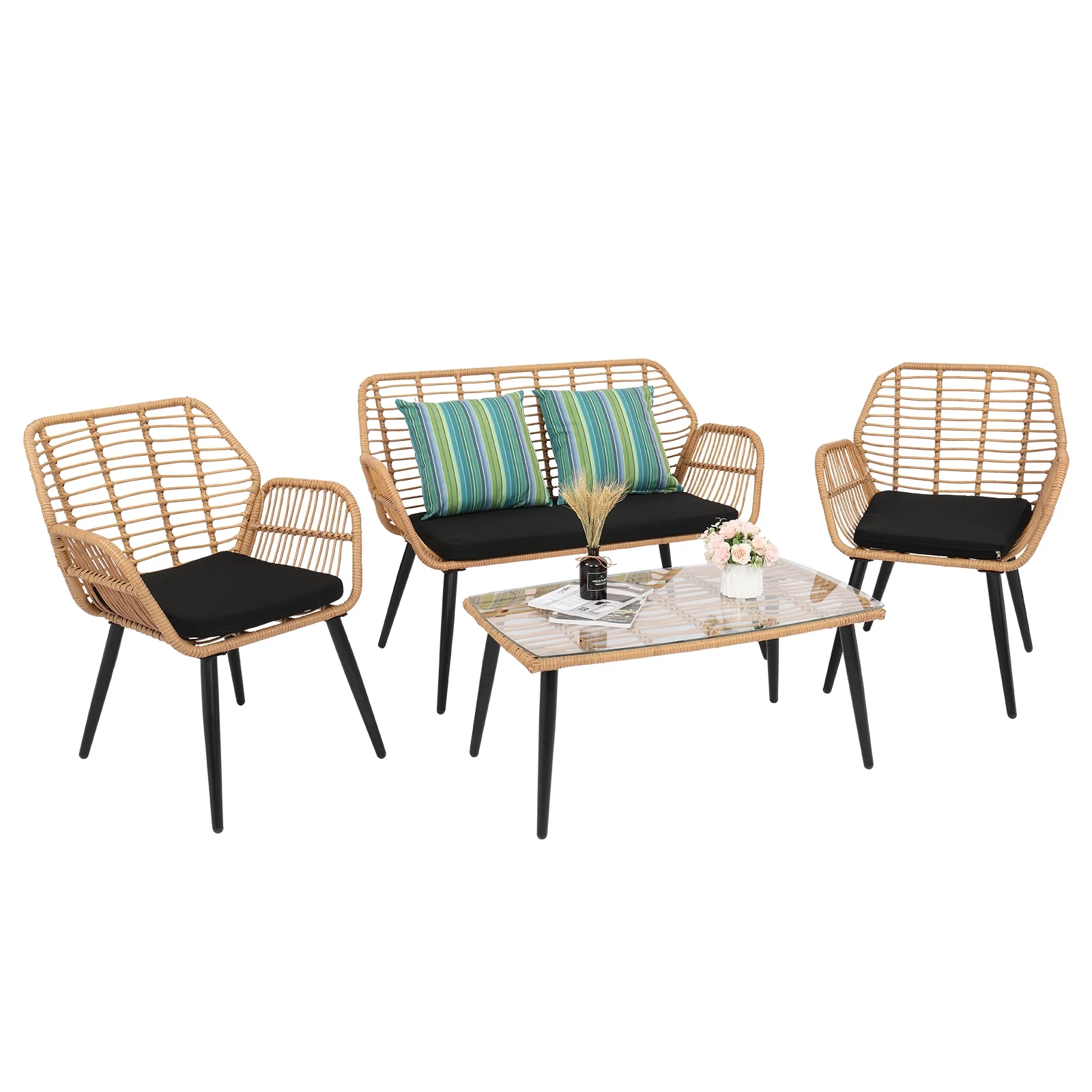 UNFOOGOO PE Steel Outdoor Wicker Rattan Chair Four-Piece Patio Furniture Set Yellow