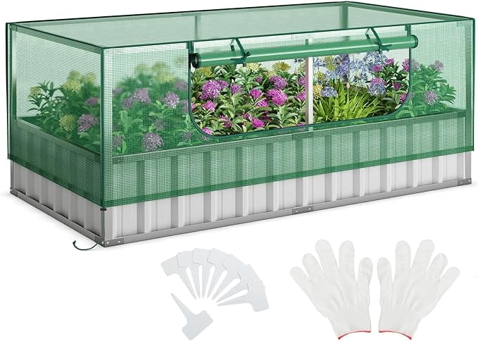 Galvanized Raised Garden Bed with Greenhouse, 69”x36”x28” Metal Planter Box with Roll Up Window, Flower Bed for Home Outdoor Growing Vegetable, 1 Pair of Gloves, 8 PCS Tags Included