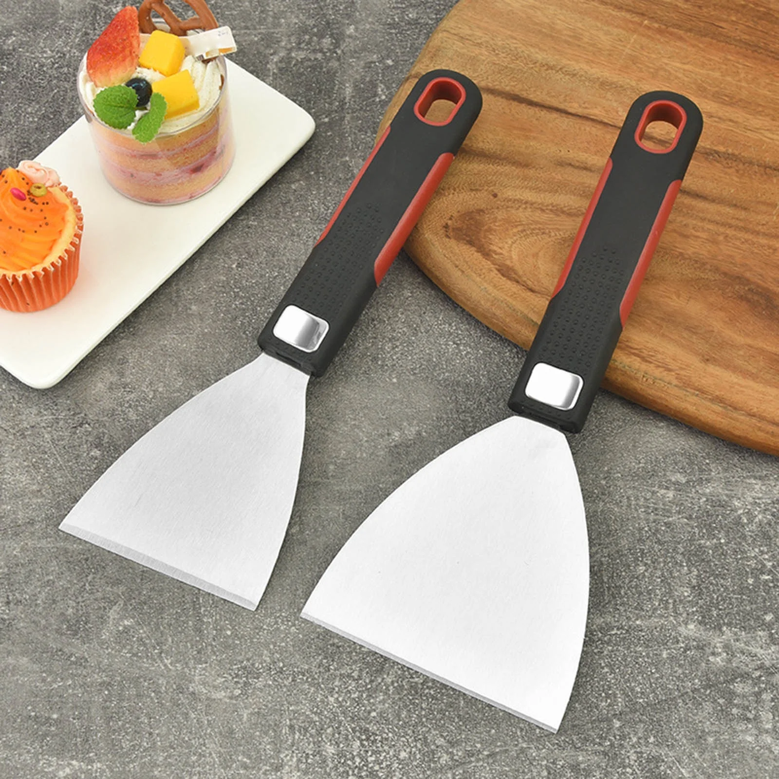 SUSHANG Stainless Steel Triangular Shovel Teppanyaki Cooking Shovel Wooden Handle Shovel Steak Shovel Kitchen Hand Pressed Cake Press Cooking Tool