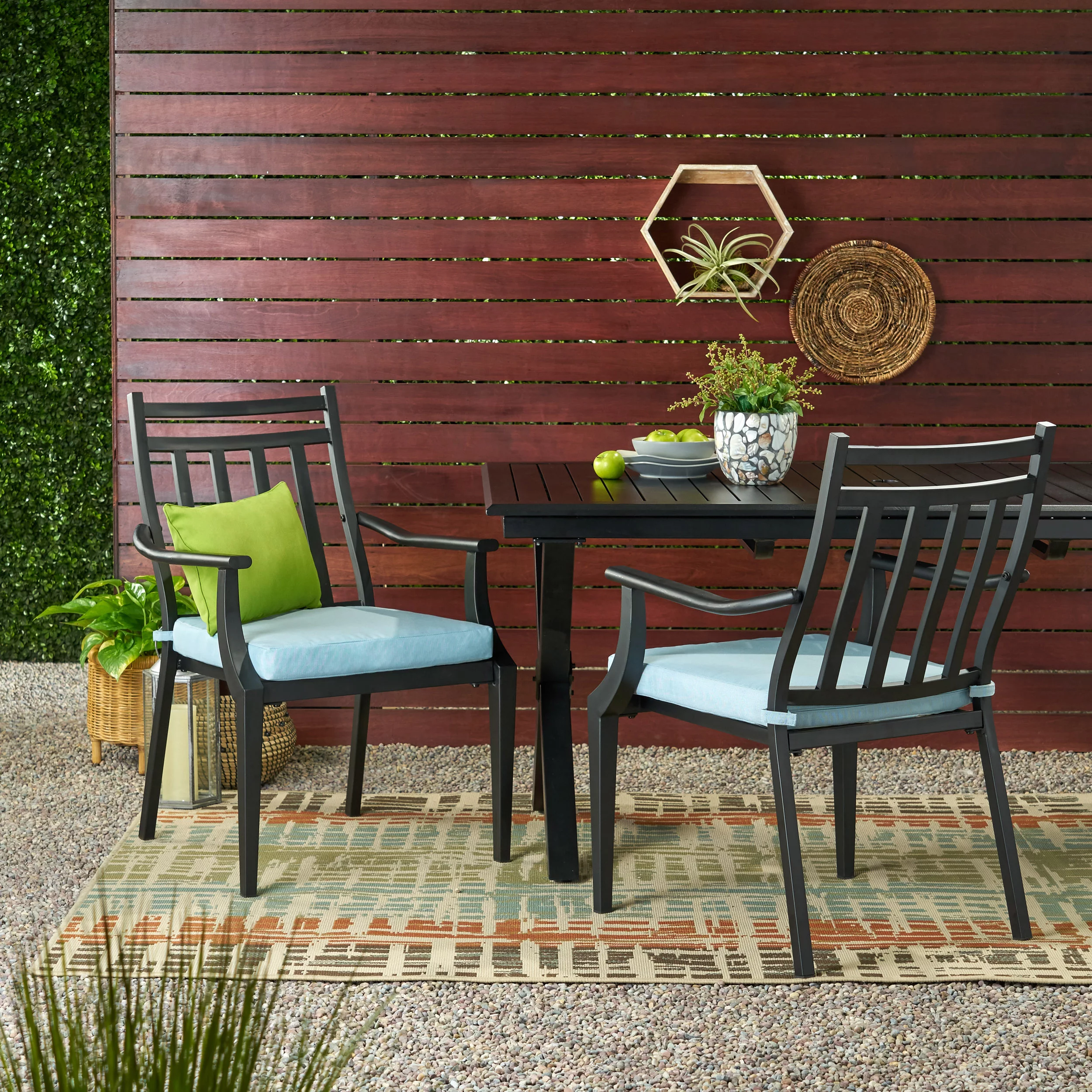 GDF Studio Brandywine Outdoor Iron Dining Chairs with Cushion, Set of 2, Matte Black and Light Teal