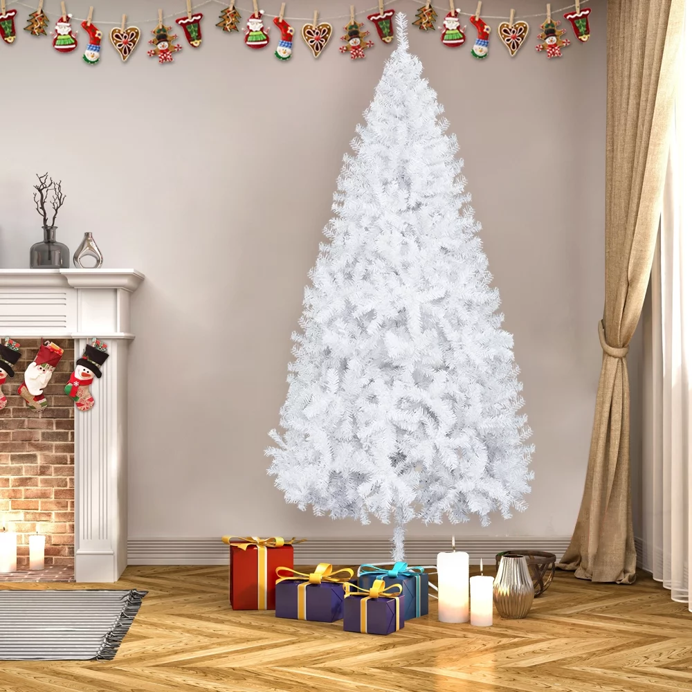 Holiday Christmas Tree, 8ft Xmas Spruce Tree with 1138 Branch Tips, White Artificial Christmas Tree with Metal Foldable Stand, Christmas Tree for Home Party Festival Decoration, D9125