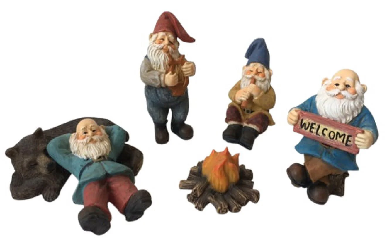 Happy Gnomes Camp - 6 Piece Garden Gnome Set for the Miniature Garden by GlitZGlam