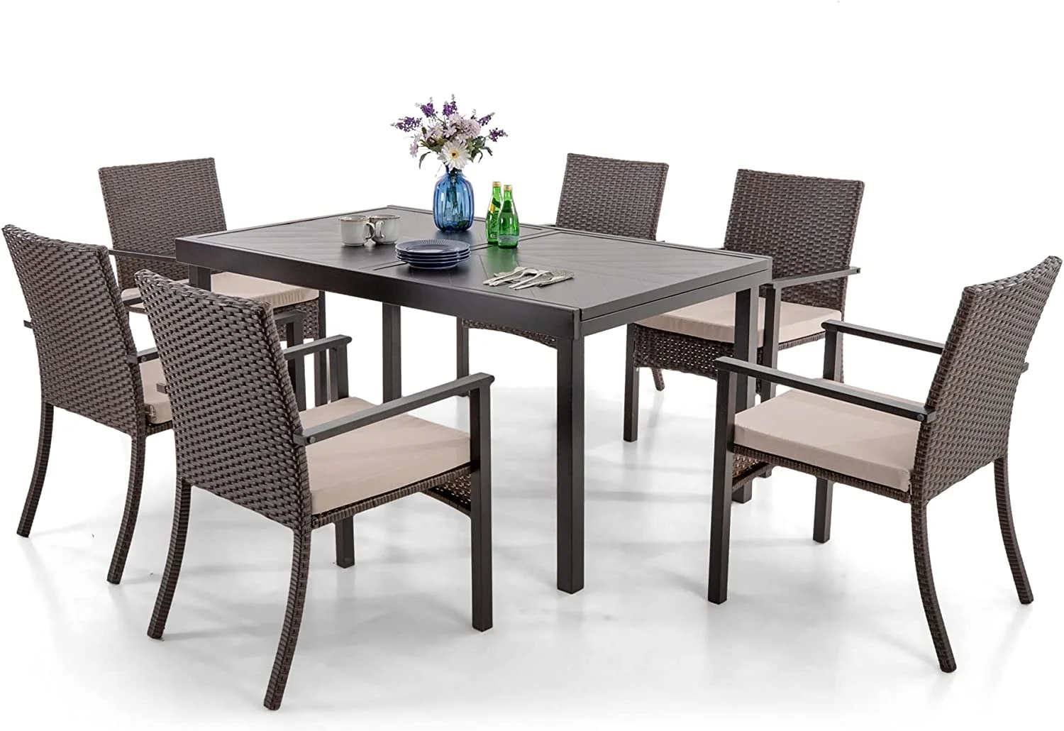 9 Pieces Outdoor Patio Dining Set Patio  Set with Rectangular Extendable Metal Table and 8 Rattan Wicker Chairs Beige Cushion Balcony Garden Backyard Poolside