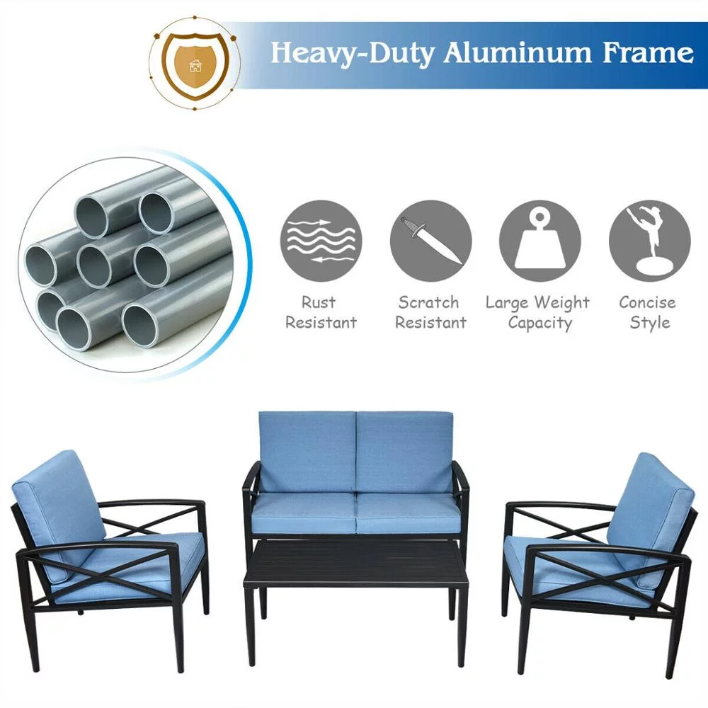 Blue 8PCS Patio Furniture Set Aluminum Frame Cushioned Sofa Chair Coffee Table