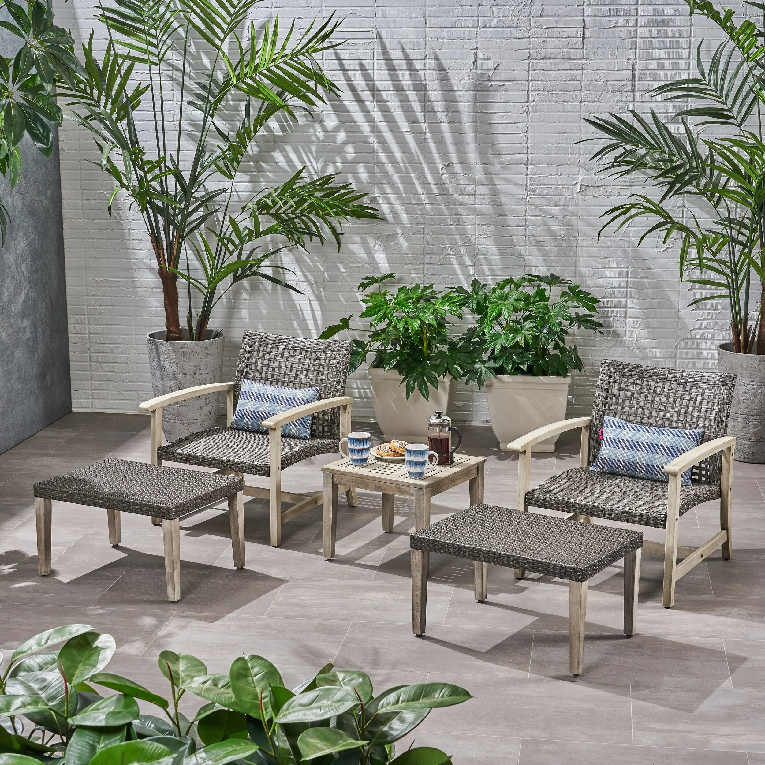 Christopher Knight Home Hampton Outdoor 5-piece Mid-Century Wicker Chat Set by  Mixed Black, Light Gray Washed Finish 4