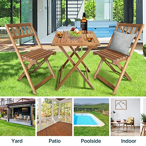 3 Piece Bistro Set Folsing Patio Set Acacia Wood Outdoor Furniture for Backyard, Balcony, Indoor Small Dining Set W/2 Chairs and Square Table, Natural Oiled