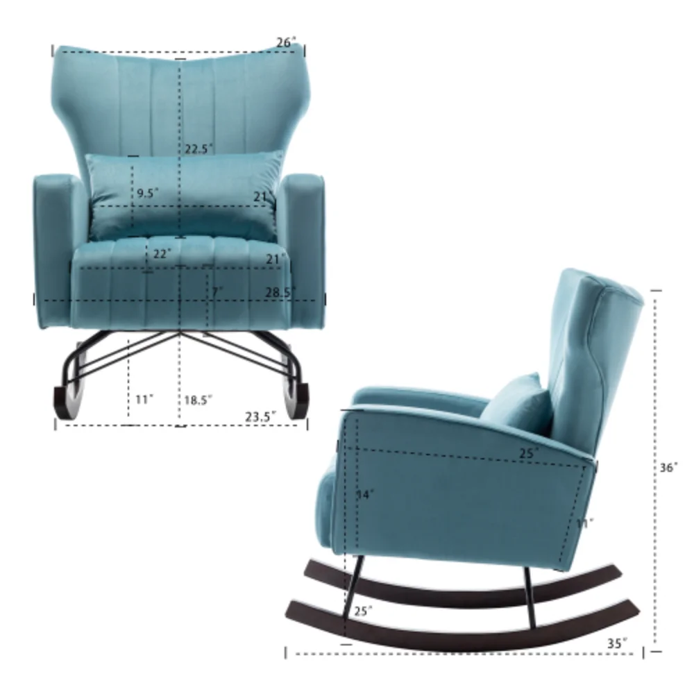 Accent Rocking Chair with with Solid Metal Legs, Upholstered Comfy Glider Rocker for Reading, Bedroom and Living Room Blue + Velvet