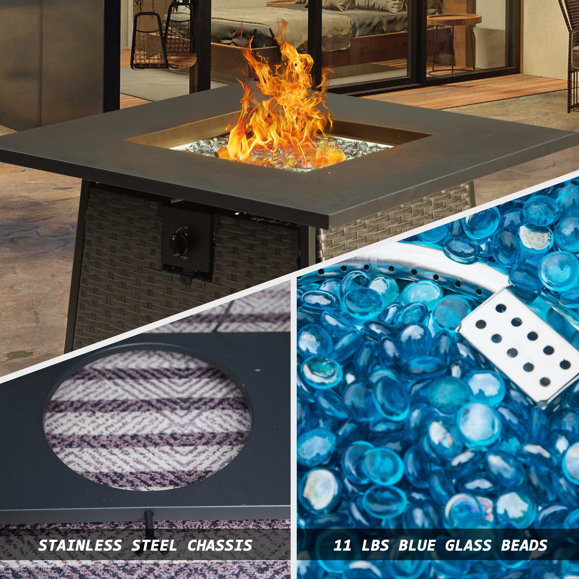 CoSoTower 32 Inch Propane Fire Pits Table with Blue Glass Ball,50,000 BTU Outdoor Wicker Fire Table with ETL-Certified,2-in-1 Square Steel Gas Firepits (Dark Gray)