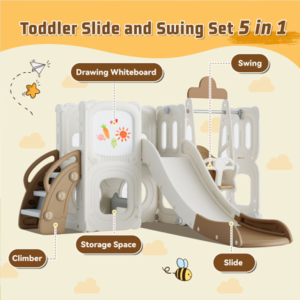 5 in 1 Slide and Swing Set, with Drawing Whiteboard, Freestanding Combination - Coffee