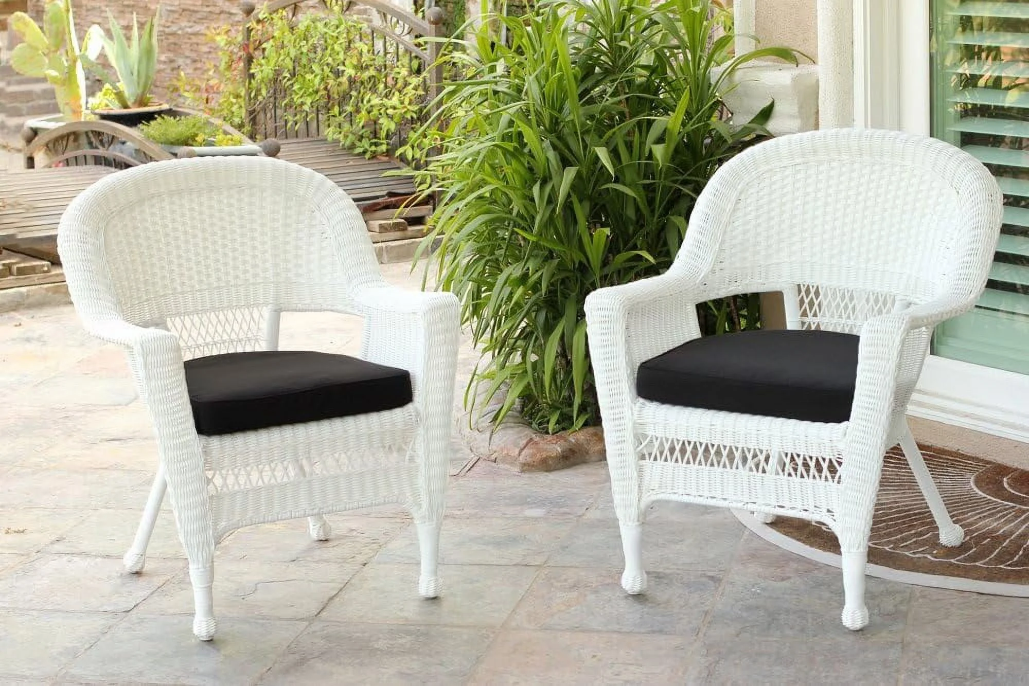 Wicker Chair With Black Cushion, Set Of 2, White/W00206-