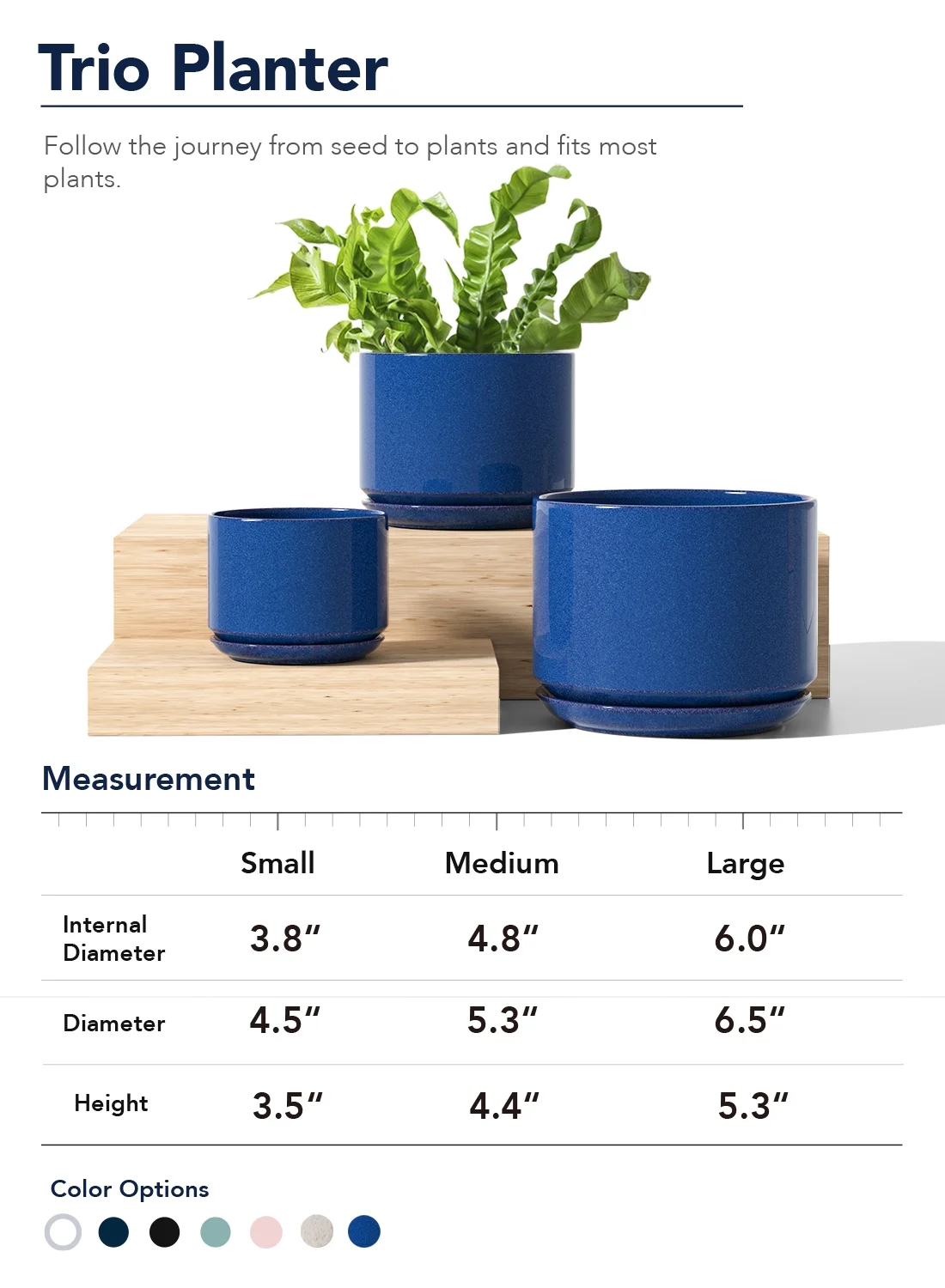 LE TAUCI 4.3+5.3+6.8 Inch Ceramic Plant Pots with Drainage Hole and Saucer, Set of 3, Sapphire Blue
