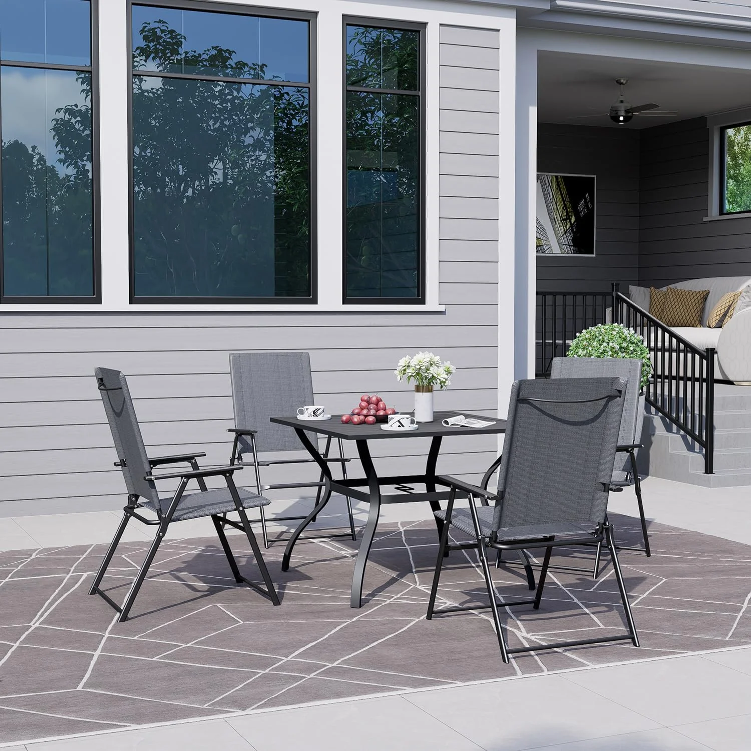 4 Pieces Patio Folding Chairs, Outdoor Portable Dining Chairs for Outdoor & Indoor, Sling Back Chairs with Armrests for Lawn, Pool, Courtyard, Balcony & Garden Set of 4 Grey