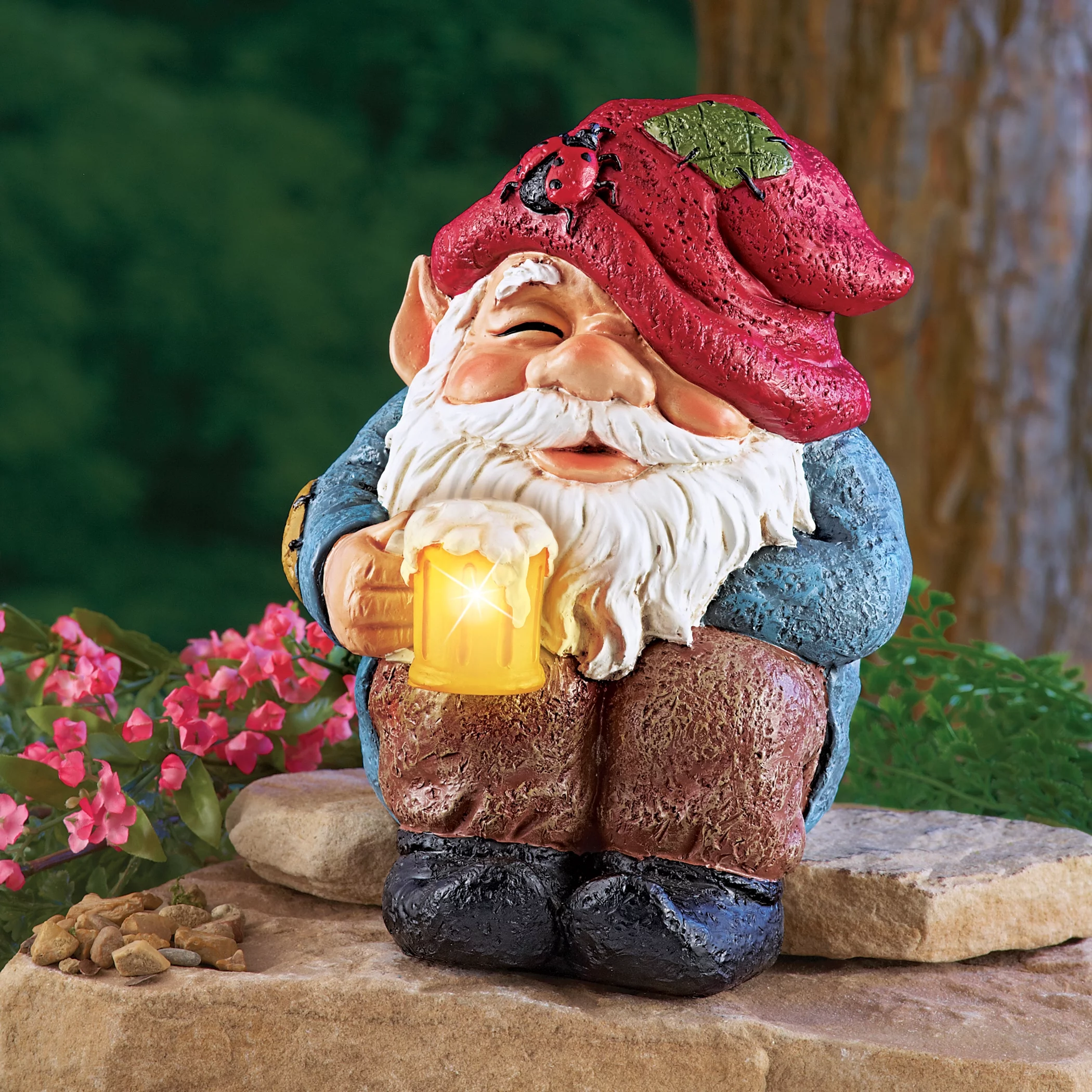 Collections Etc Happy Hour Gnome Garden Statue with Solar Lighted Beer Mug Decoration