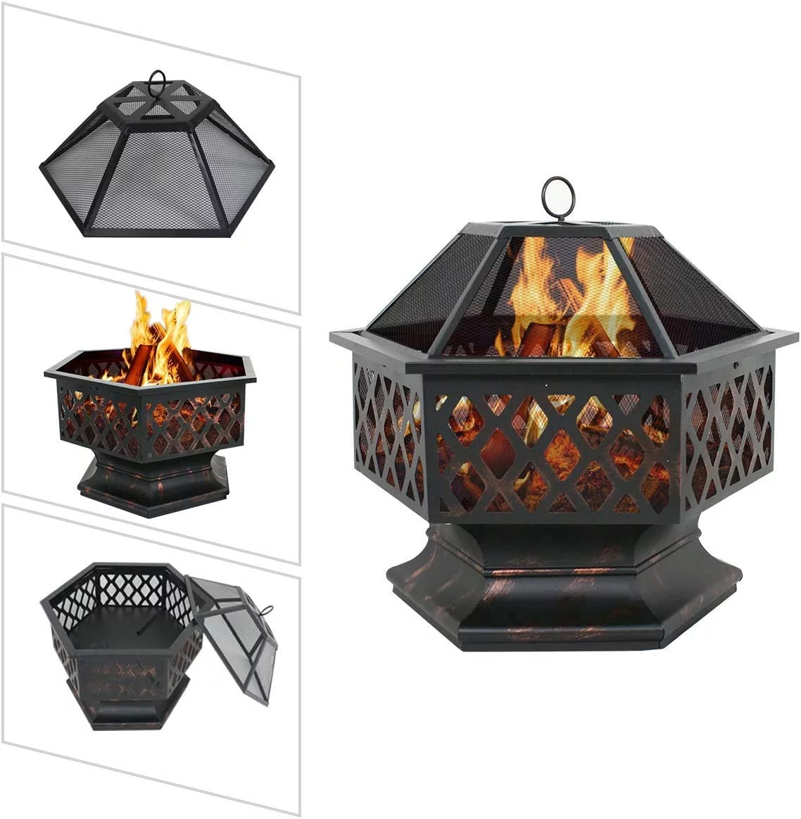 Hex Shaped Fire Pit Wood Burning Fireplace Firepit Bowl with Spark Screen Cover Patio Backyard Heater Steel 24