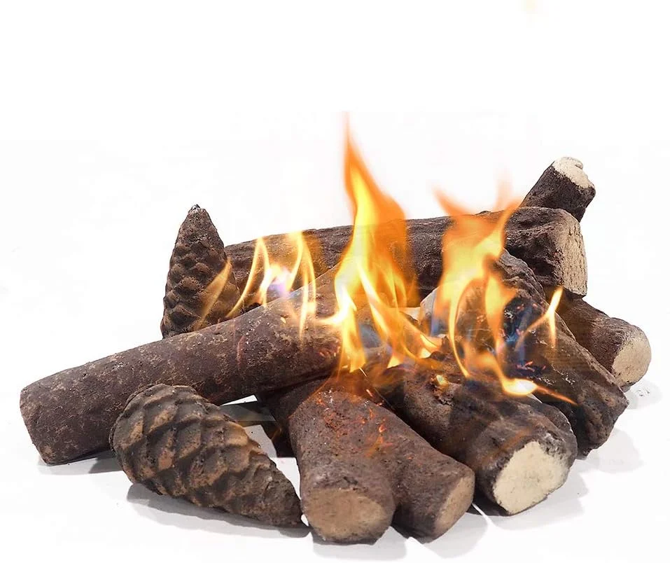 Gas Fireplace Logs Set of 9, Fireplace Logs Ceramic Wood Decoration for Gas Ethanol Firewood Log Set Hand Crafted Pine Cone Wood Use in Indoor, Outdoor