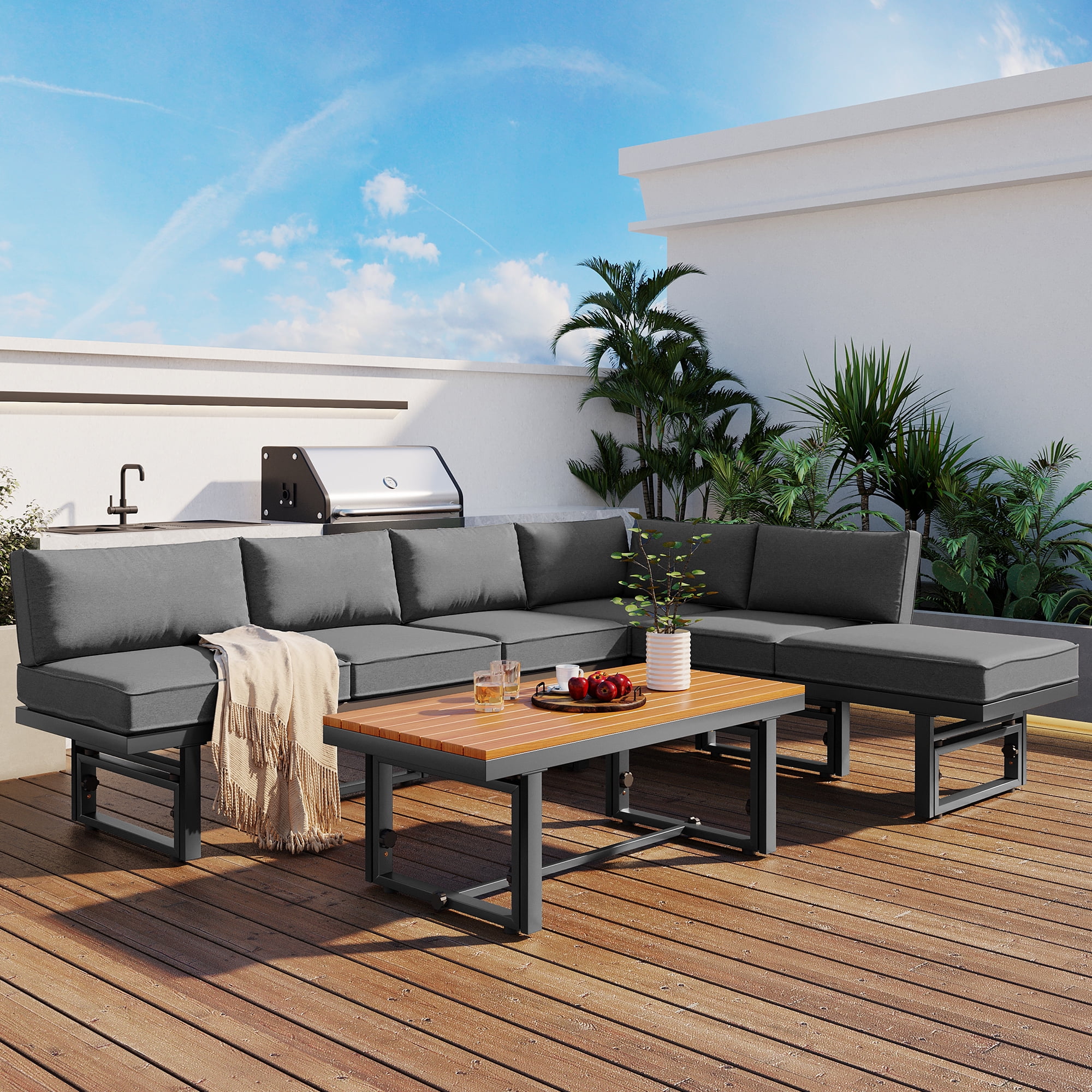 Homiyad 3-Piece Modern Multi-Functional Outdoor Sectional Sofa Set with Height-Adjustable Seating and Coffee Table for Patio, Garden and Backyard (Grey)