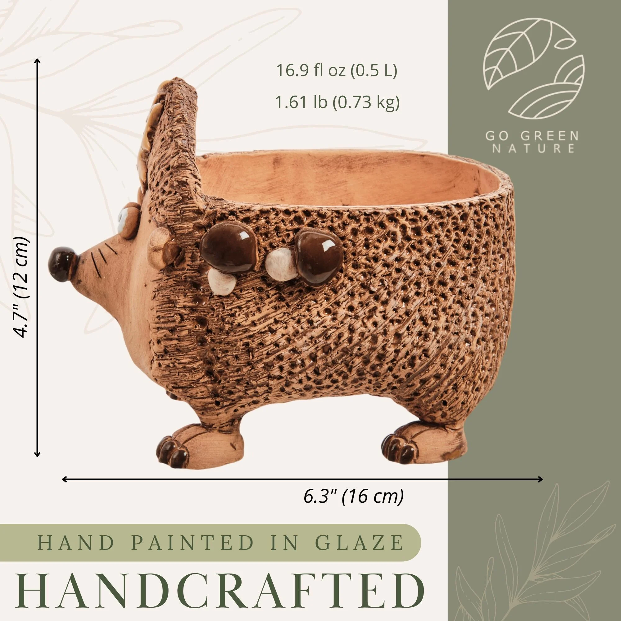 Golden Ceramics  Handmade Flower Pot Planter - Hedgehog - 7.5