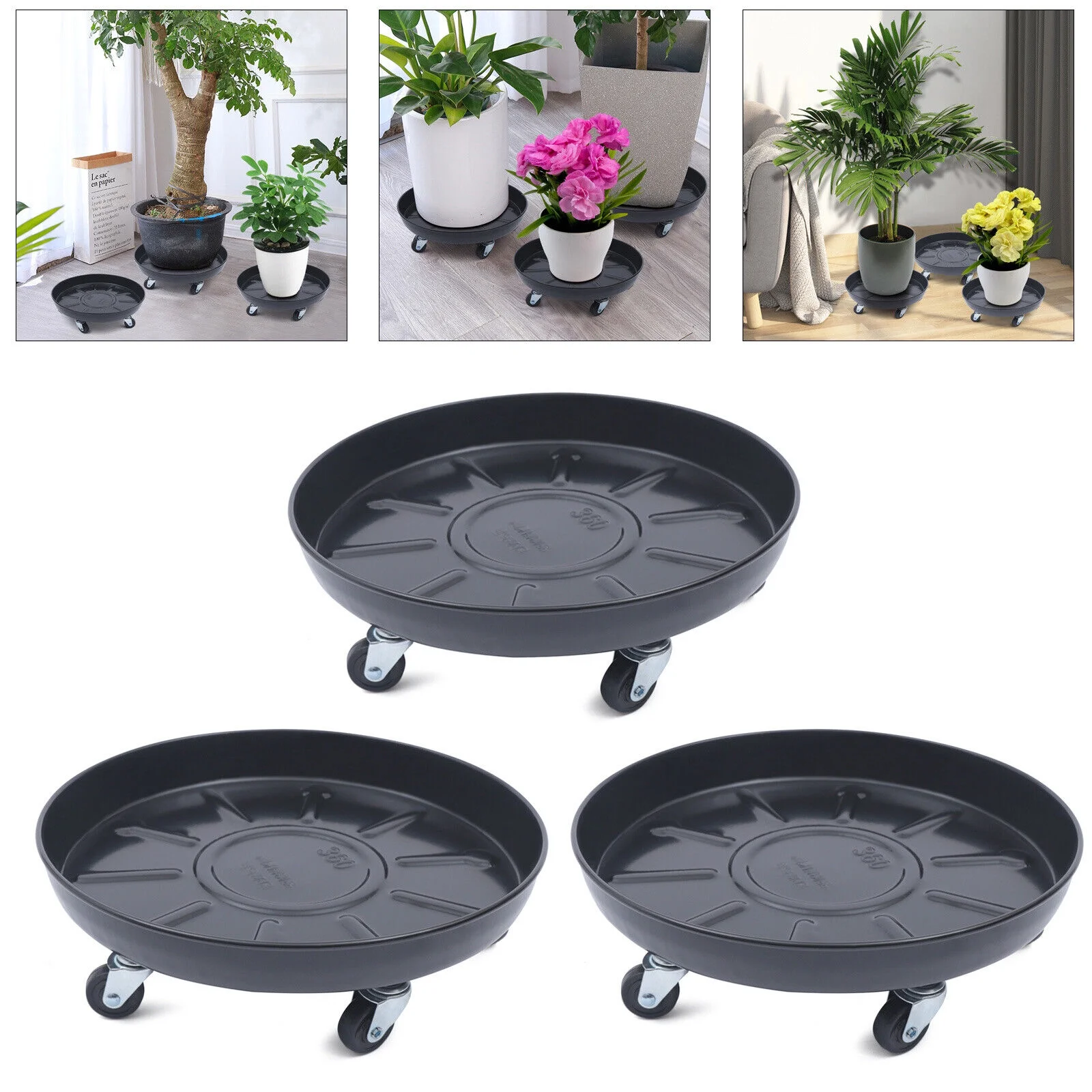 Miumaeov 3Pcs Flower Pot Tray Heavy Duty Plant Dolly Planter Mover Stand Round Plate with Wheels