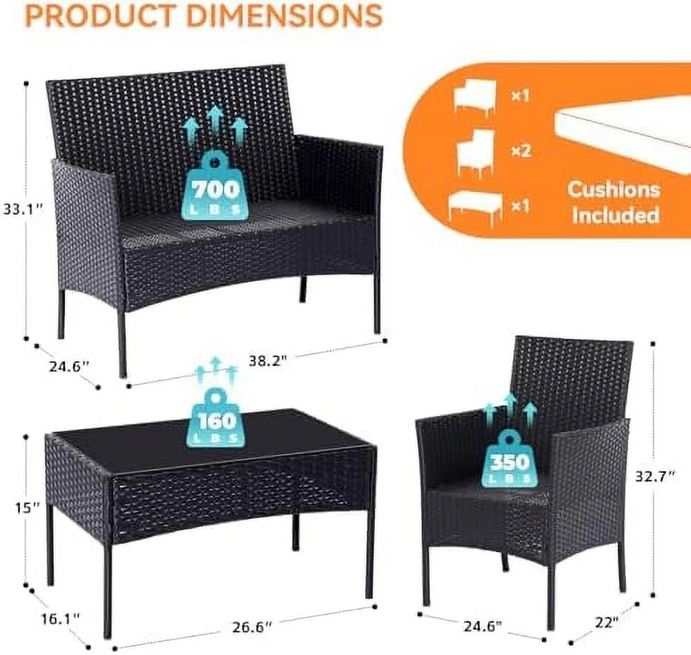 HYHBIBOOM Patio  Set 4 Pieces Conversation Set Outdoor PE Rattan Chair with Cushion Tempered Glass Table Garden Balcony Sets for Yard Pool Backyard Black/Beige