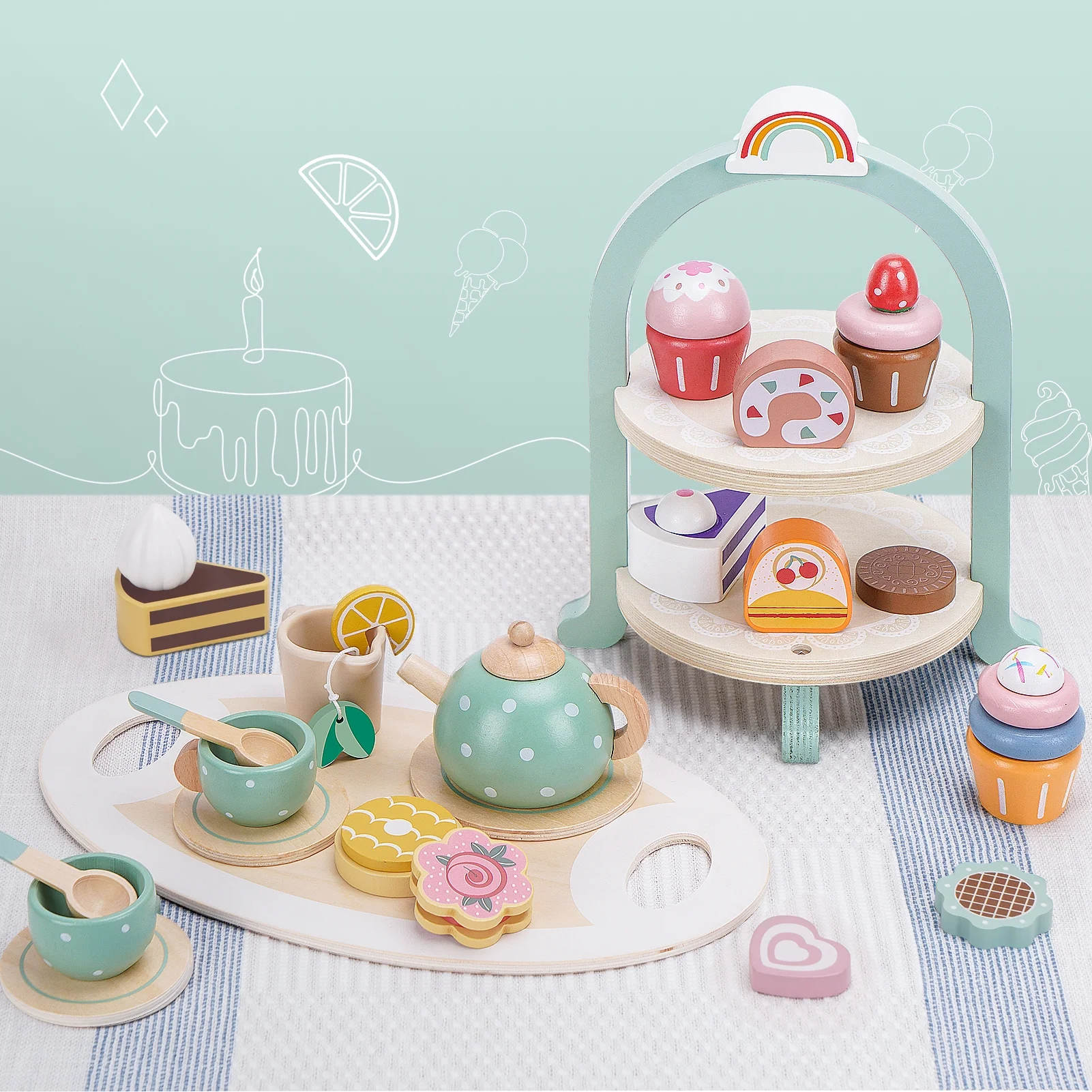 Wooden Tea Set for Little Girls, Toddler Girl Toys Play Kitchen Accessories, Pretend Play Kids Kitchen Playset, Tea Party Set with Cupcake Stand & Food for 3 4 5 6 Year Old Girl Boy Gifts
