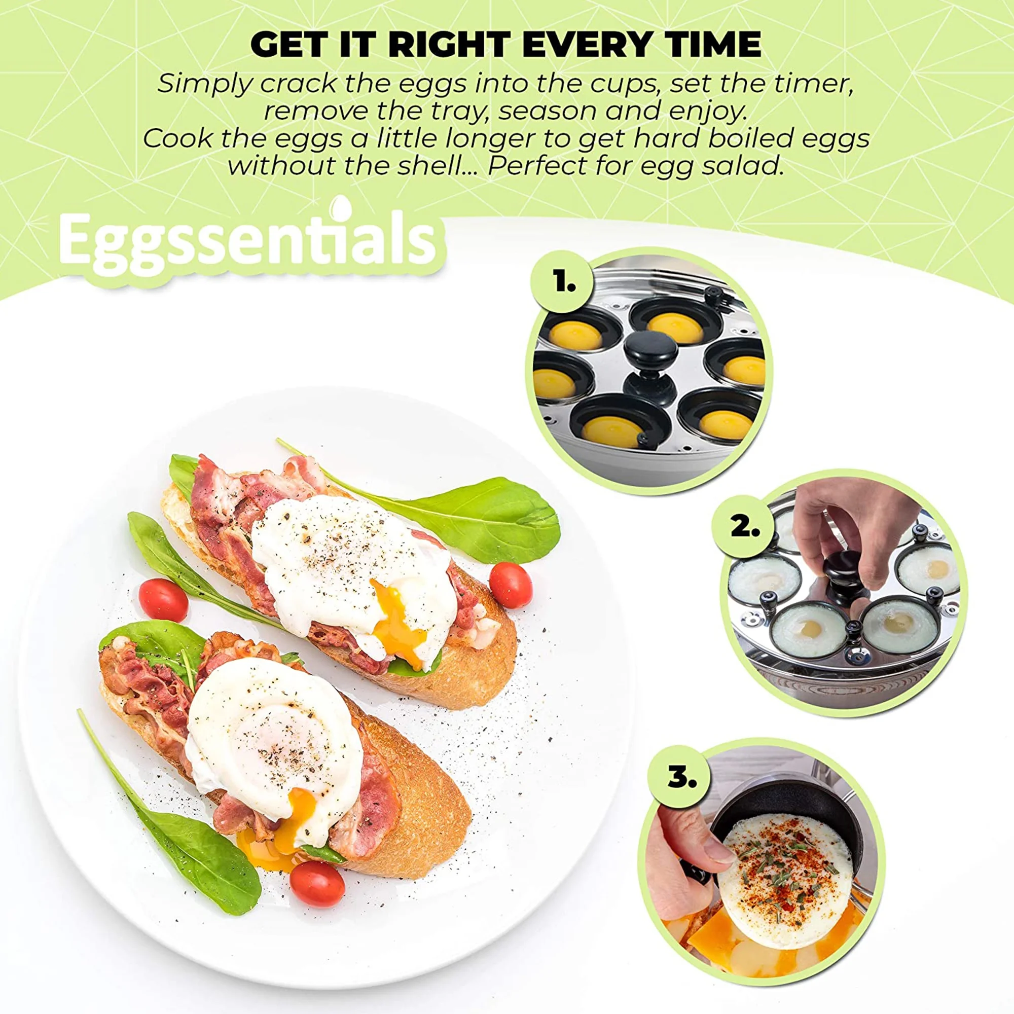 Eggssentials Stainless Steel Egg Poacher Pan Non Stick Poached Egg Cooker with Spatula and 6 Extra Cups