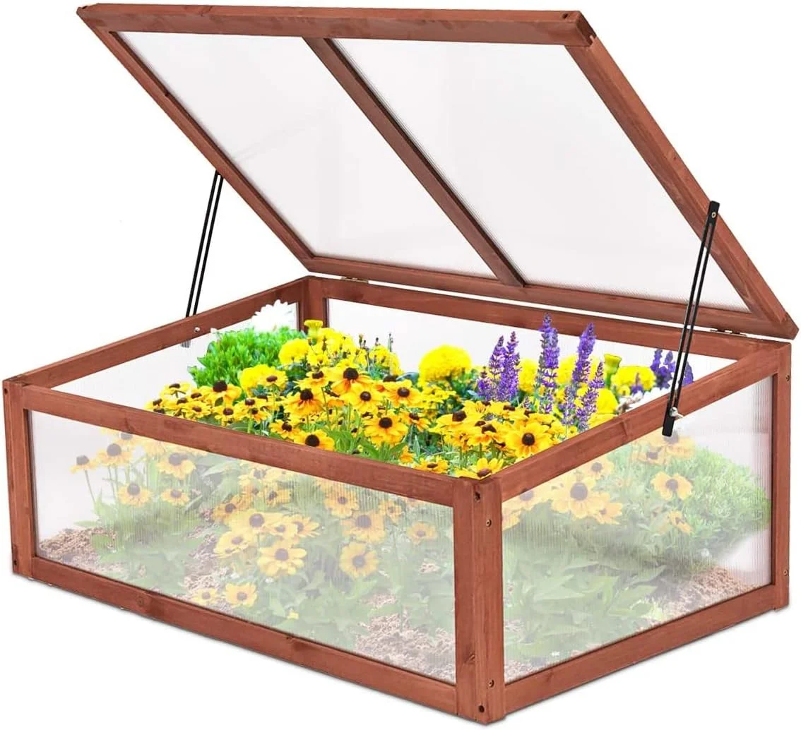 Portable Wooden Cold Frame Greenhouse Raised Flowers Planter Protection Bed for Home Decor Indoor Outdoor Patio Balcony Garden Backyard Farmhouse