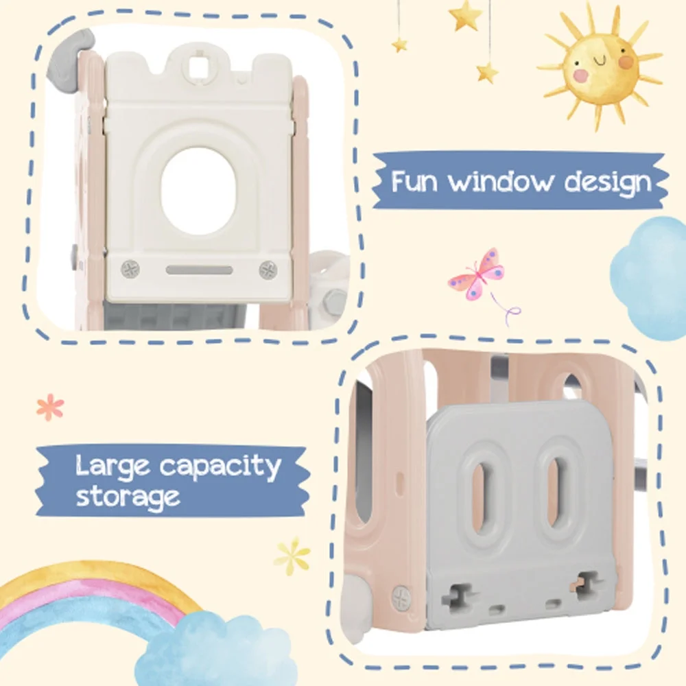 Slide and Swing Set 5 in 1, Playground Climber Slide Playset with Basketball Hoop Freestanding Combination - Pink