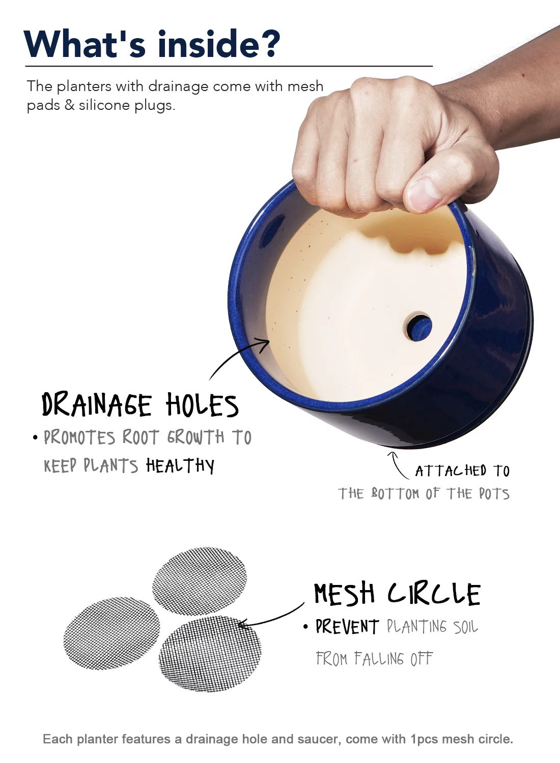 LE TAUCI 4.3+5.3+6.8 Inch Ceramic Plant Pots with Drainage Hole and Saucer, Set of 3, Sapphire Blue